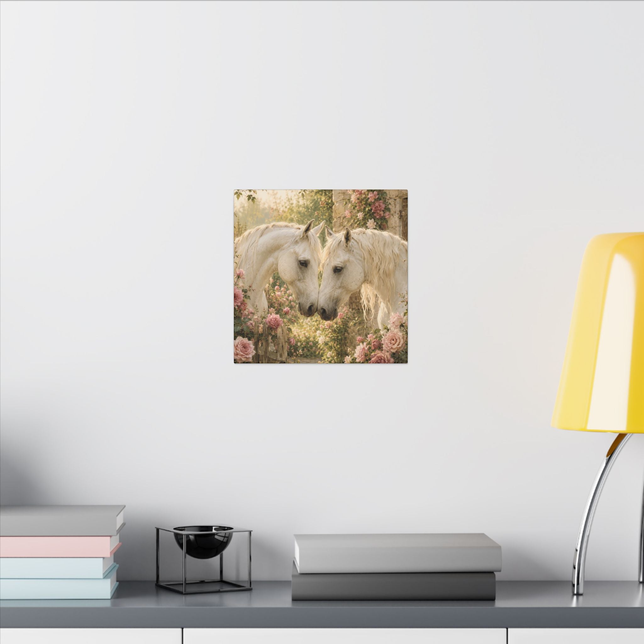 Romantic White Horses Canvas Wall Art — Floral Garden Horse Print
