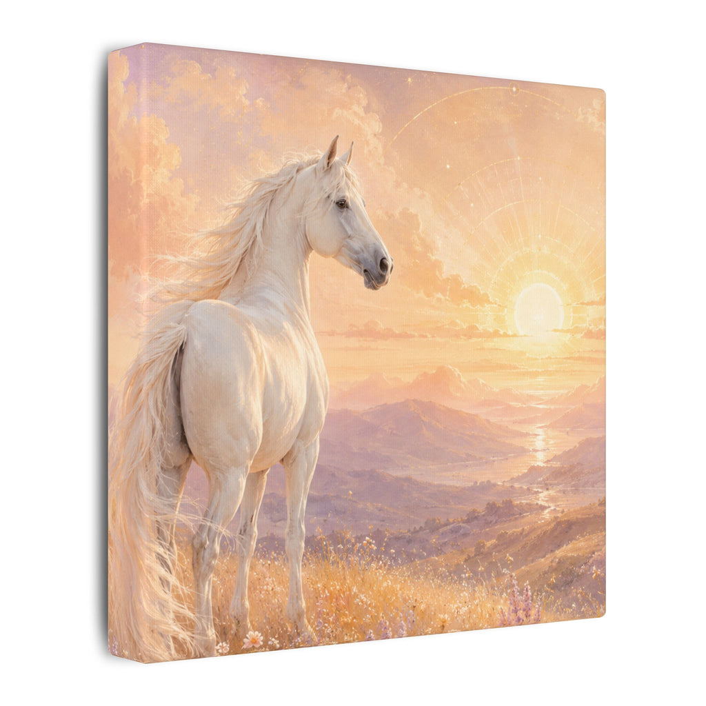 Equine Sunrise Matte Canvas Wall Art — White Horse Fantasy Landscape