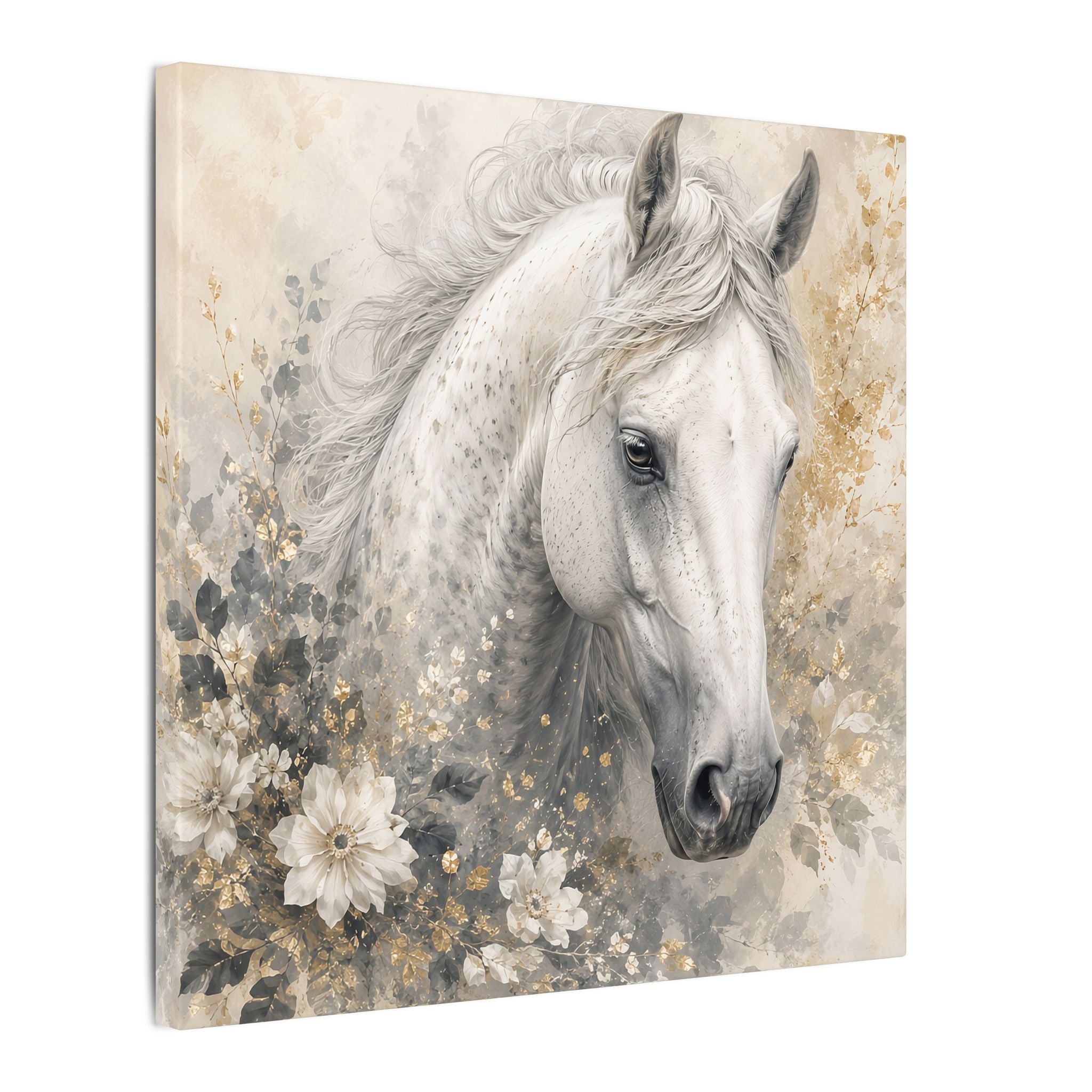 White Horse Floral Canvas Wall Art — Matte Stretched Horse Portrait