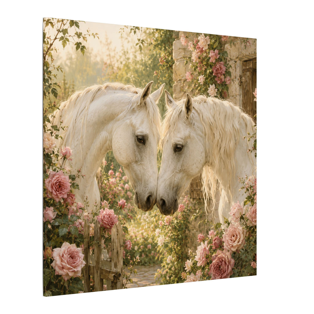 Romantic White Horses Canvas Wall Art — Floral Garden Horse Print