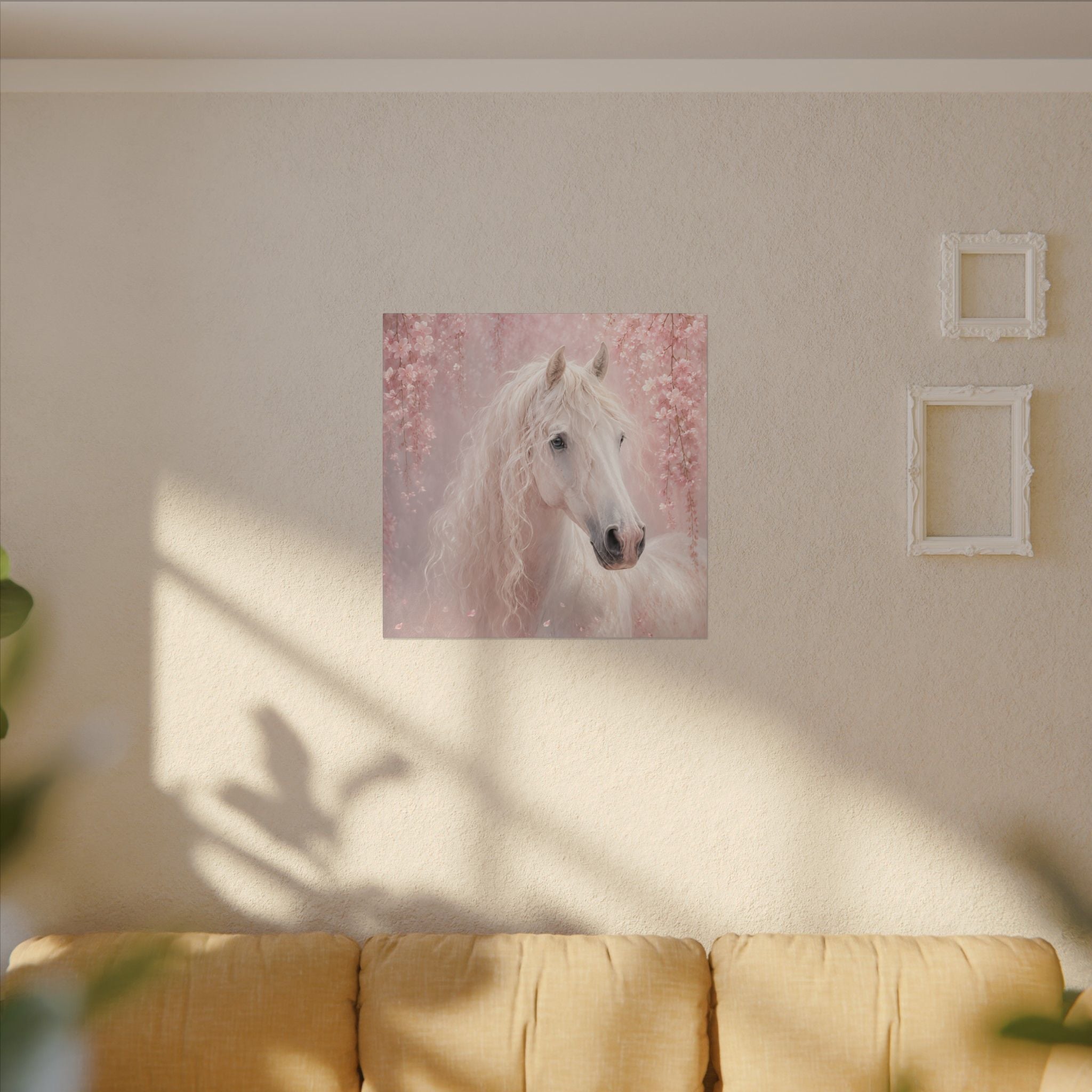 White Horse Canvas Wall Art — Romantic Pink Floral Unicorn-Style Print