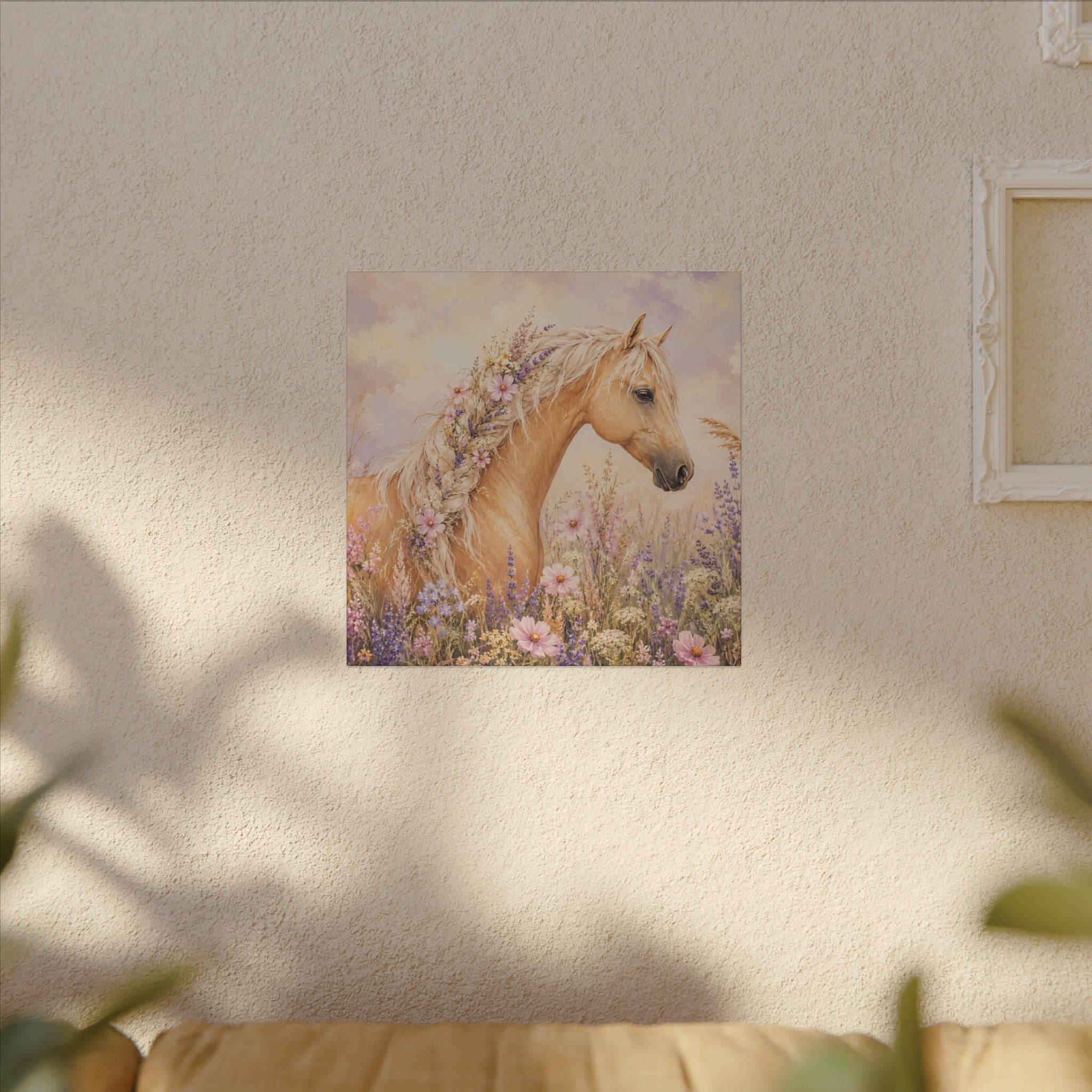 Palomino Horse Canvas Wall Art — Floral Meadow Matte Stretched Canvas
