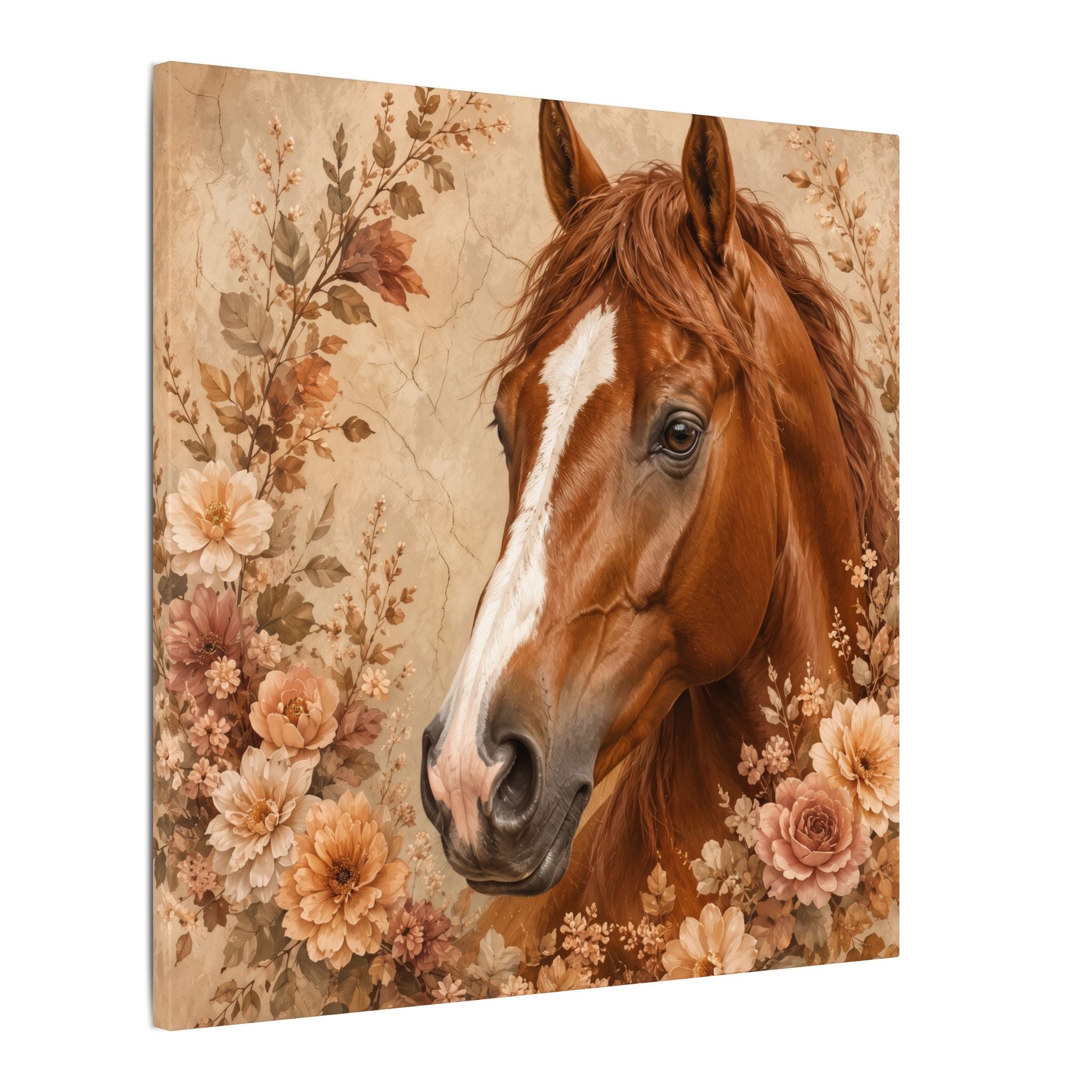 Chestnut Horse Portrait Canvas Wall Art — Floral Rustic Equestrian Decor