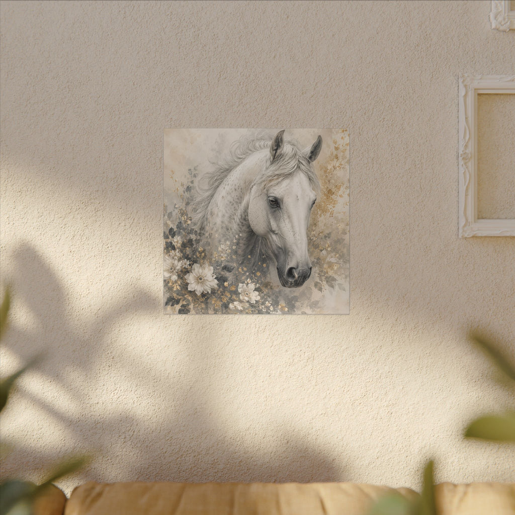 White Horse Floral Canvas Wall Art — Matte Stretched Horse Portrait