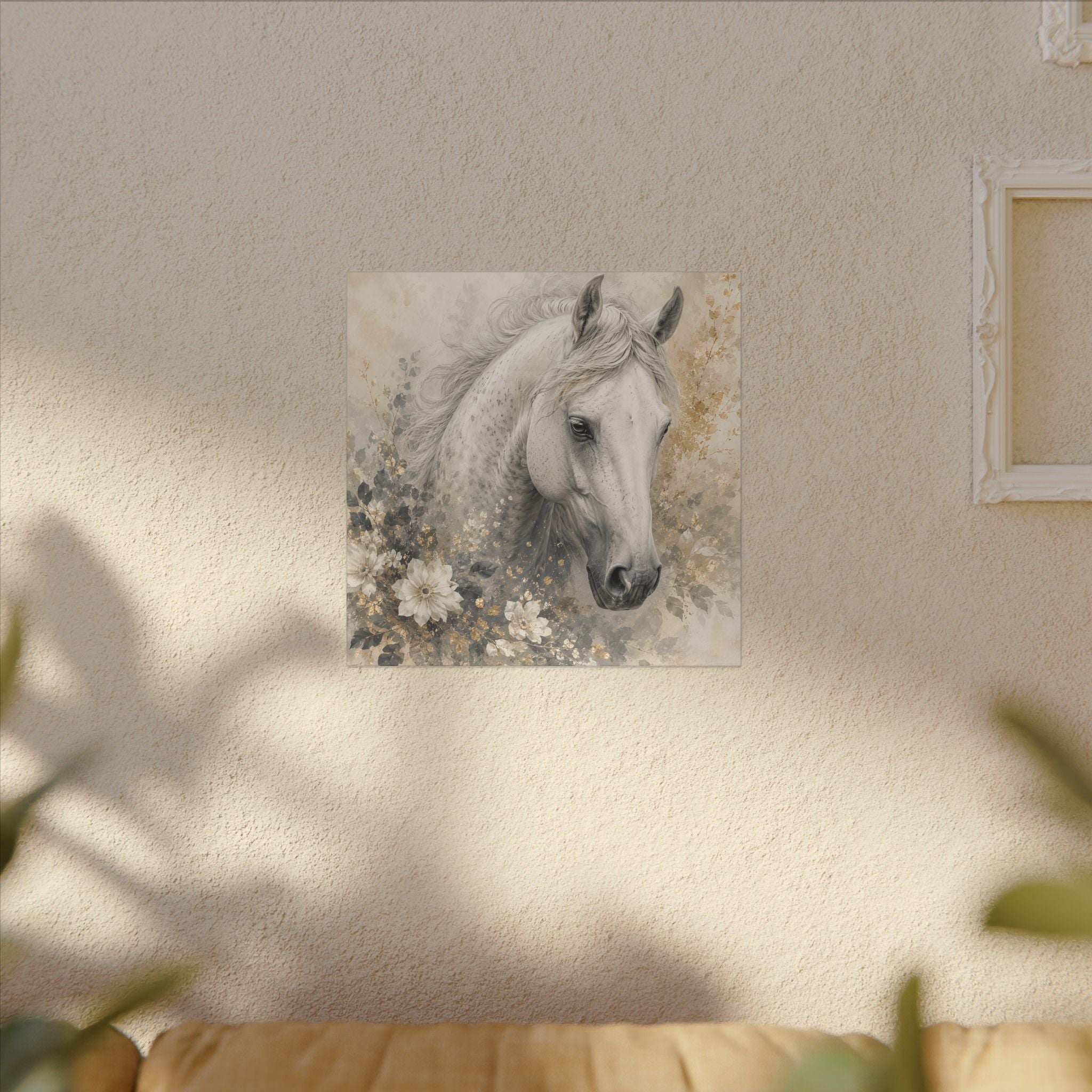 White Horse Floral Canvas Wall Art — Matte Stretched Horse Portrait