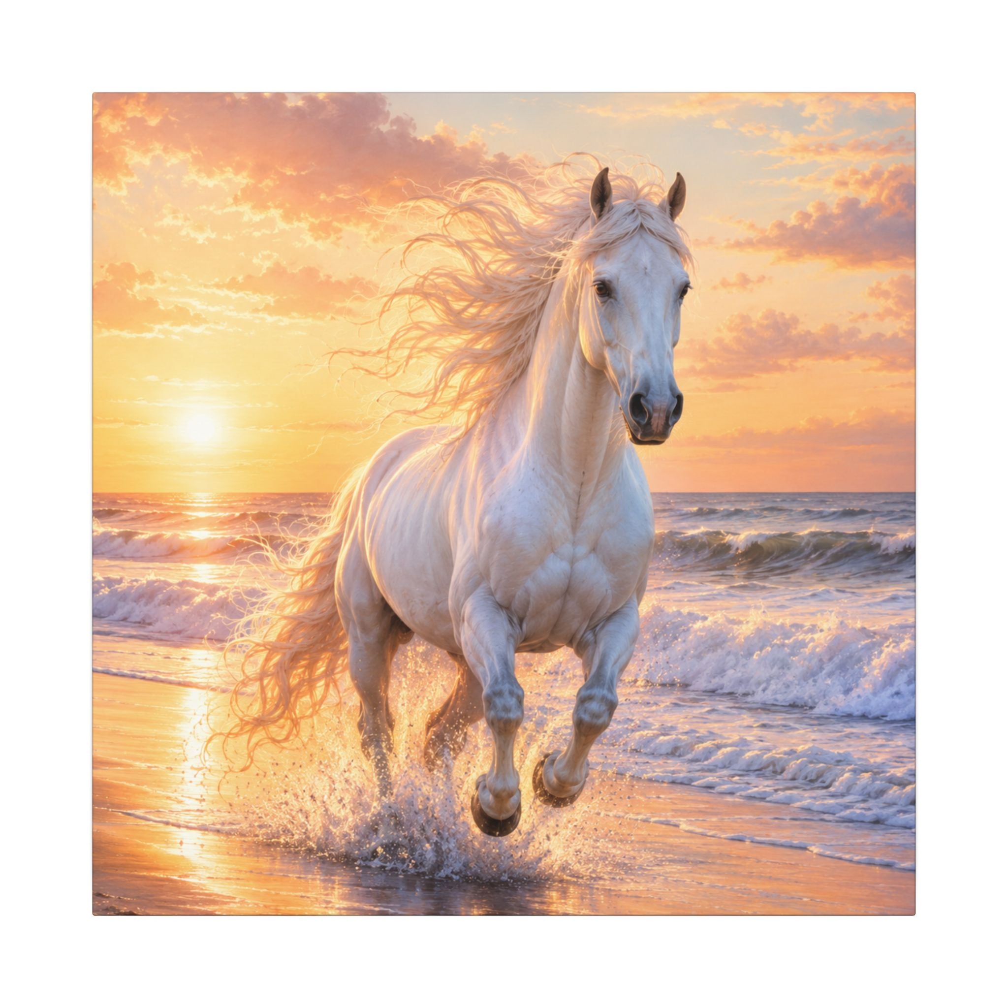 White Horse on Beach Canvas Print — Sunset Seaside Wall Art