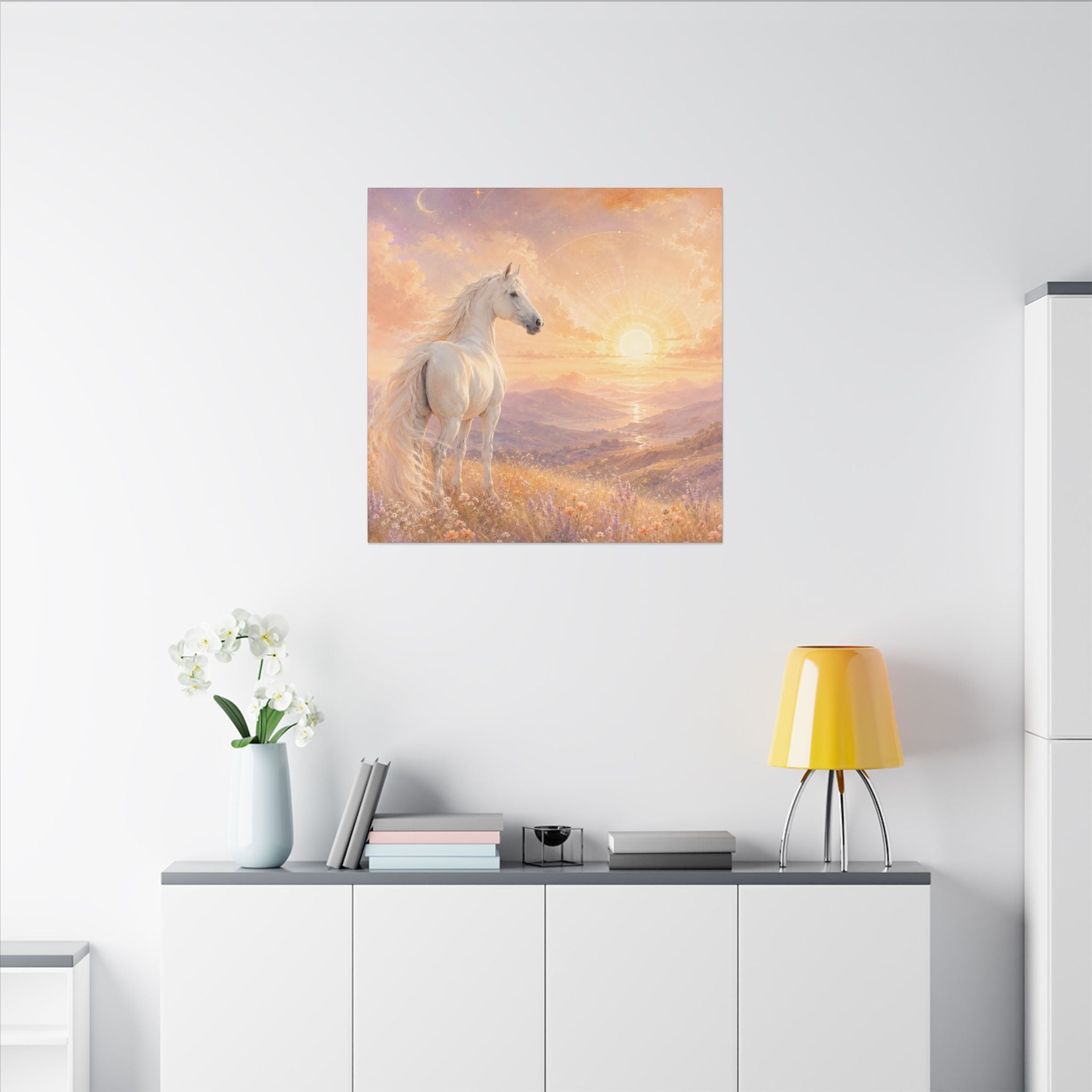 Equine Sunrise Matte Canvas Wall Art — White Horse Fantasy Landscape