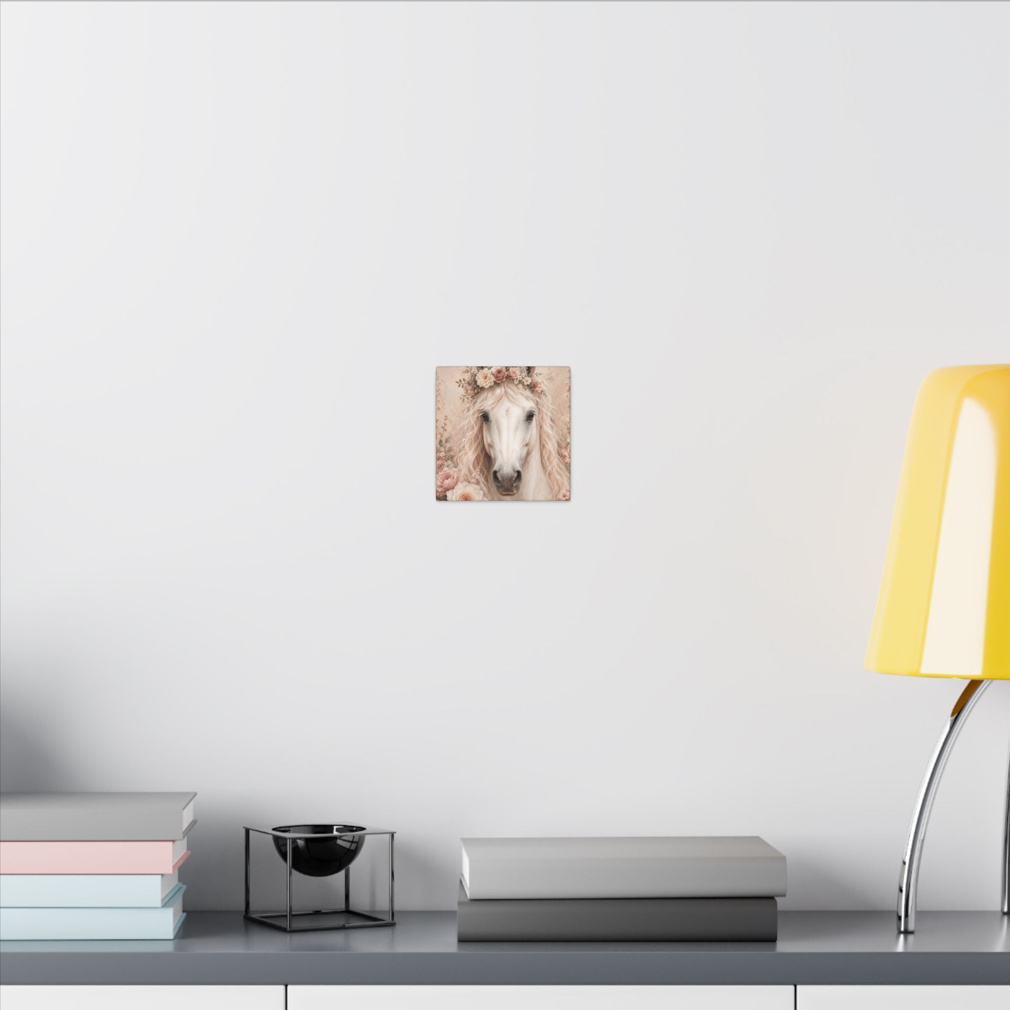 Floral White Horse Matte Canvas Wall Art