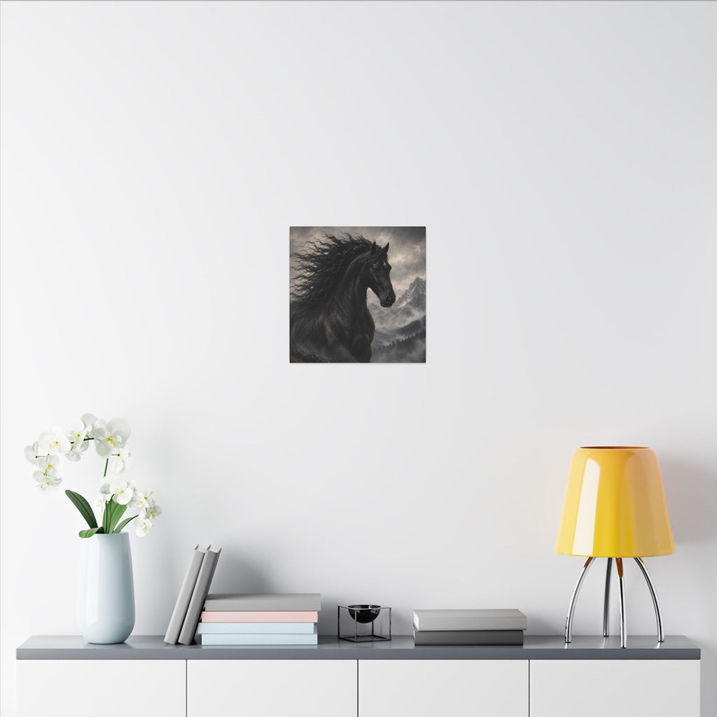Majestic Black Horse Matte Canvas Wall Art — Dramatic Mountain Stallion Print