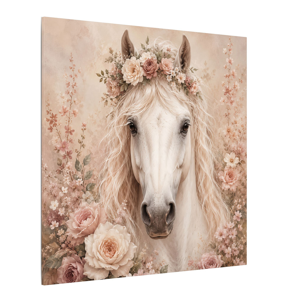 Floral White Horse Matte Canvas Wall Art