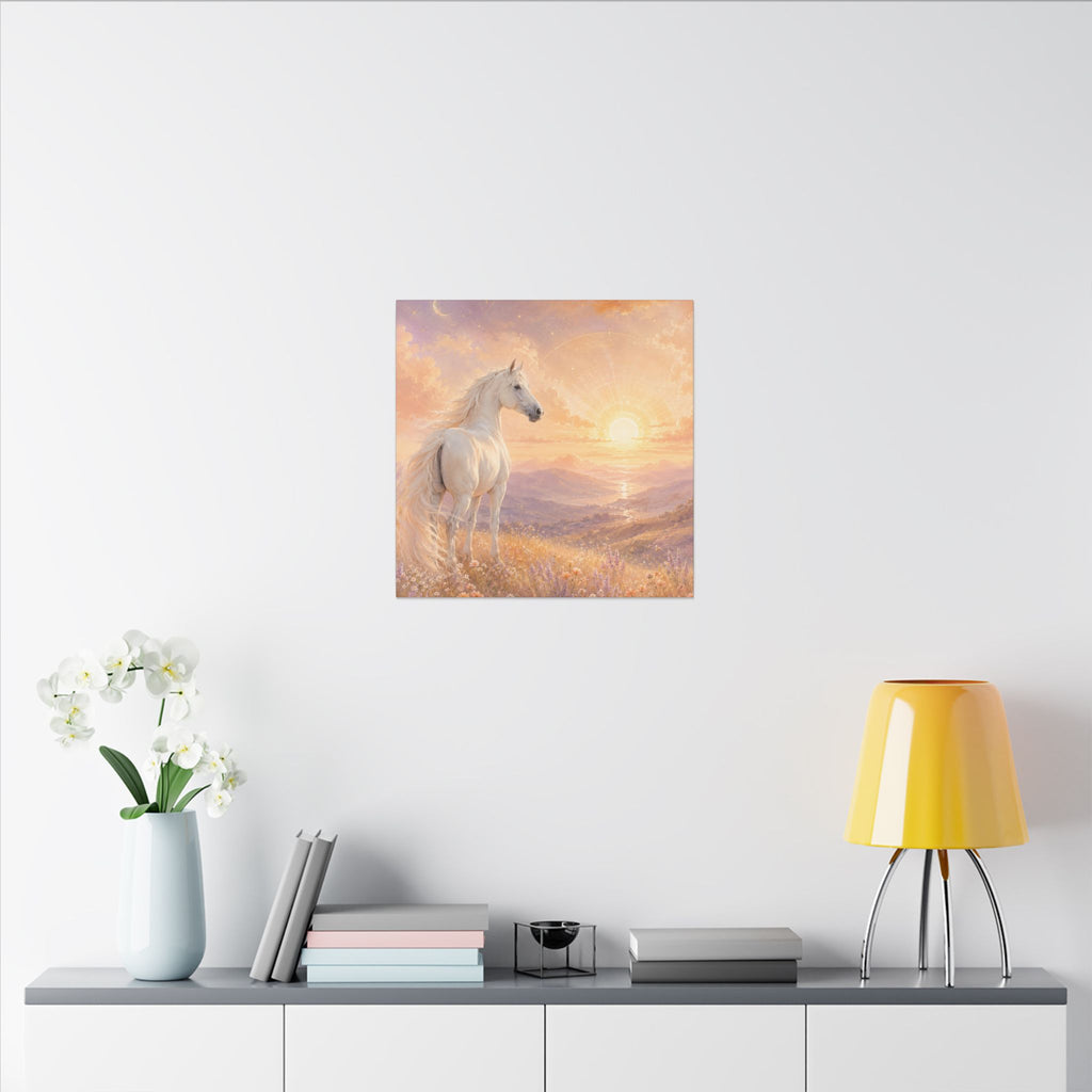 Equine Sunrise Matte Canvas Wall Art — White Horse Fantasy Landscape