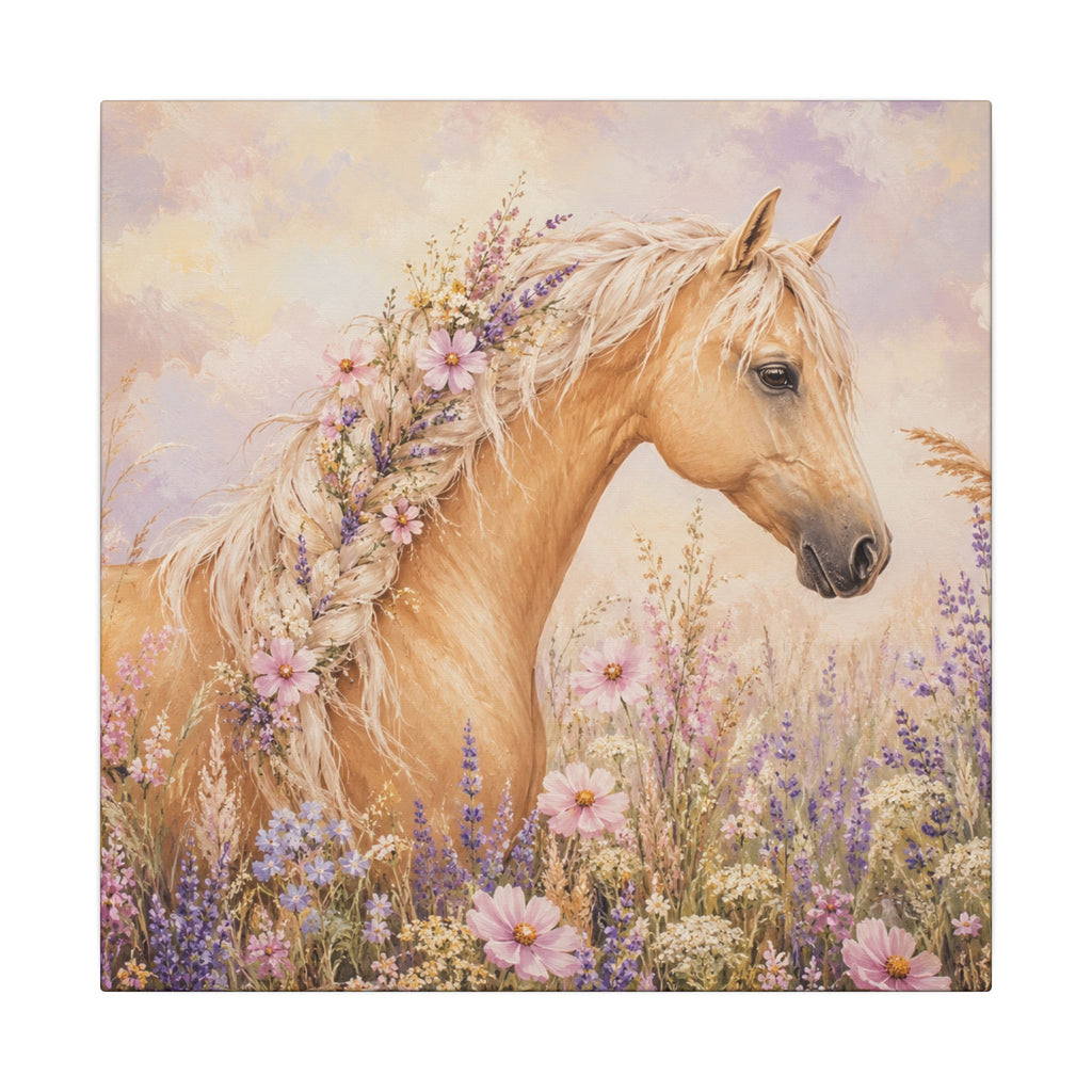 Palomino Horse Canvas Wall Art — Floral Meadow Matte Stretched Canvas
