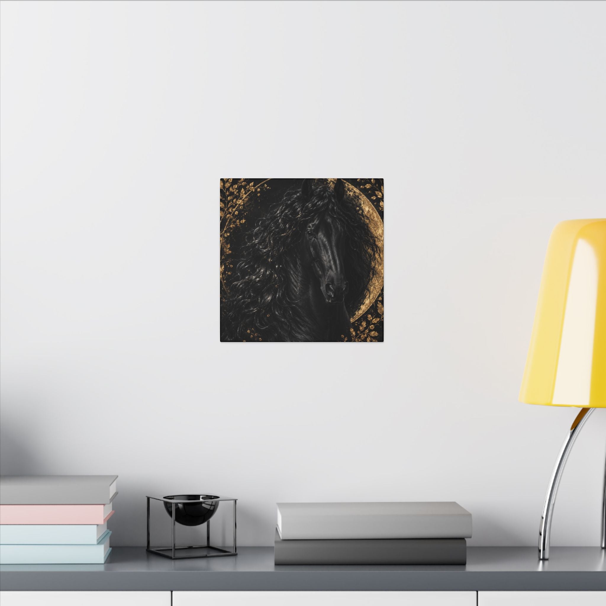 Black Stallion Canvas Print — Elegant Horse Wall Art with Gold Moon