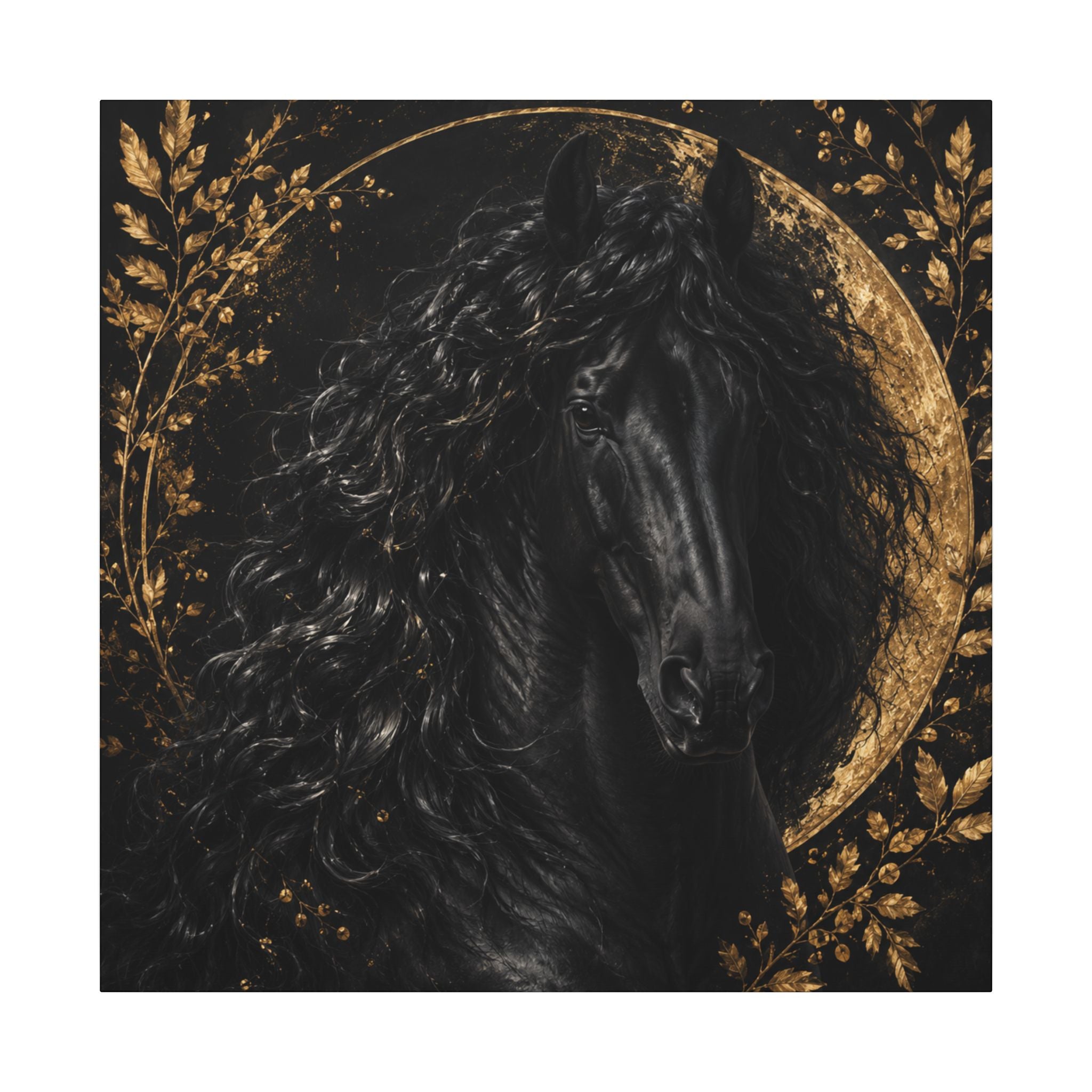 Black Stallion Canvas Print — Elegant Horse Wall Art with Gold Moon