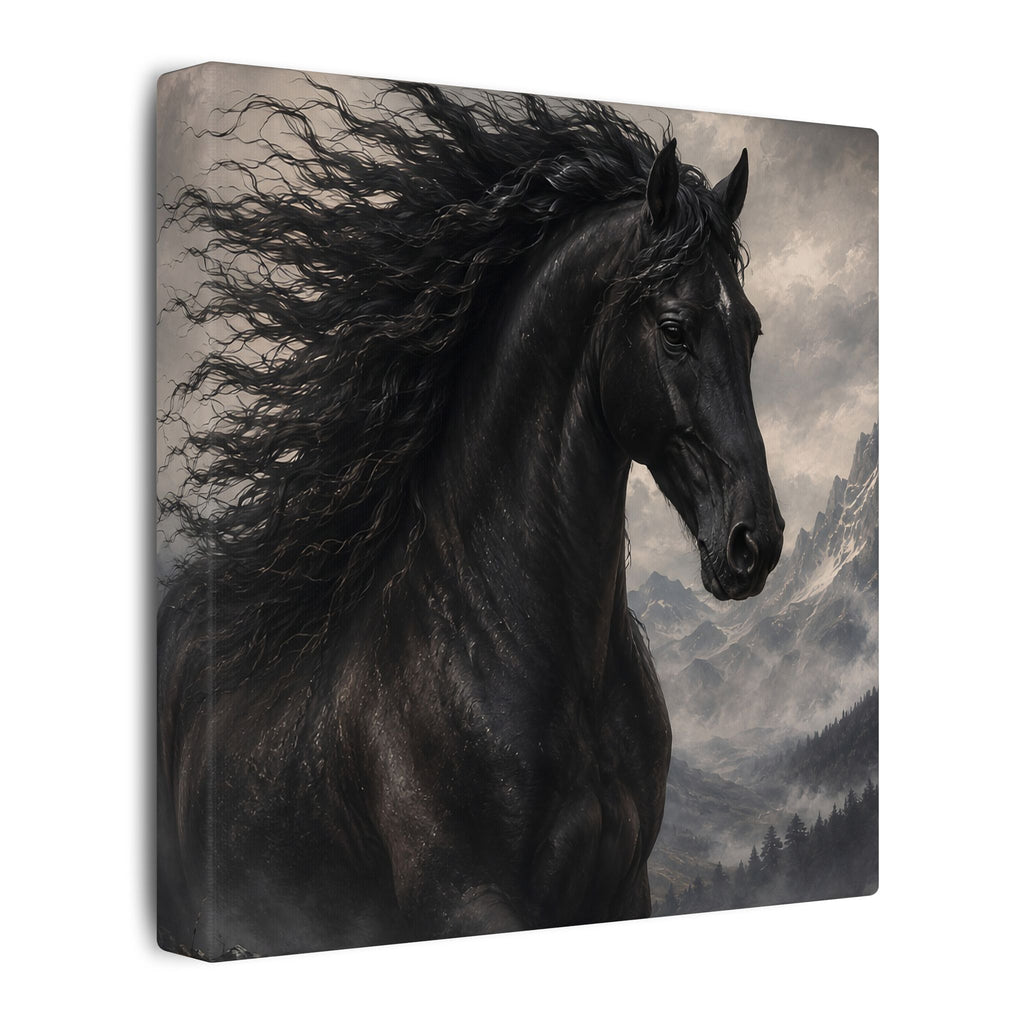 Majestic Black Horse Matte Canvas Wall Art — Dramatic Mountain Stallion Print