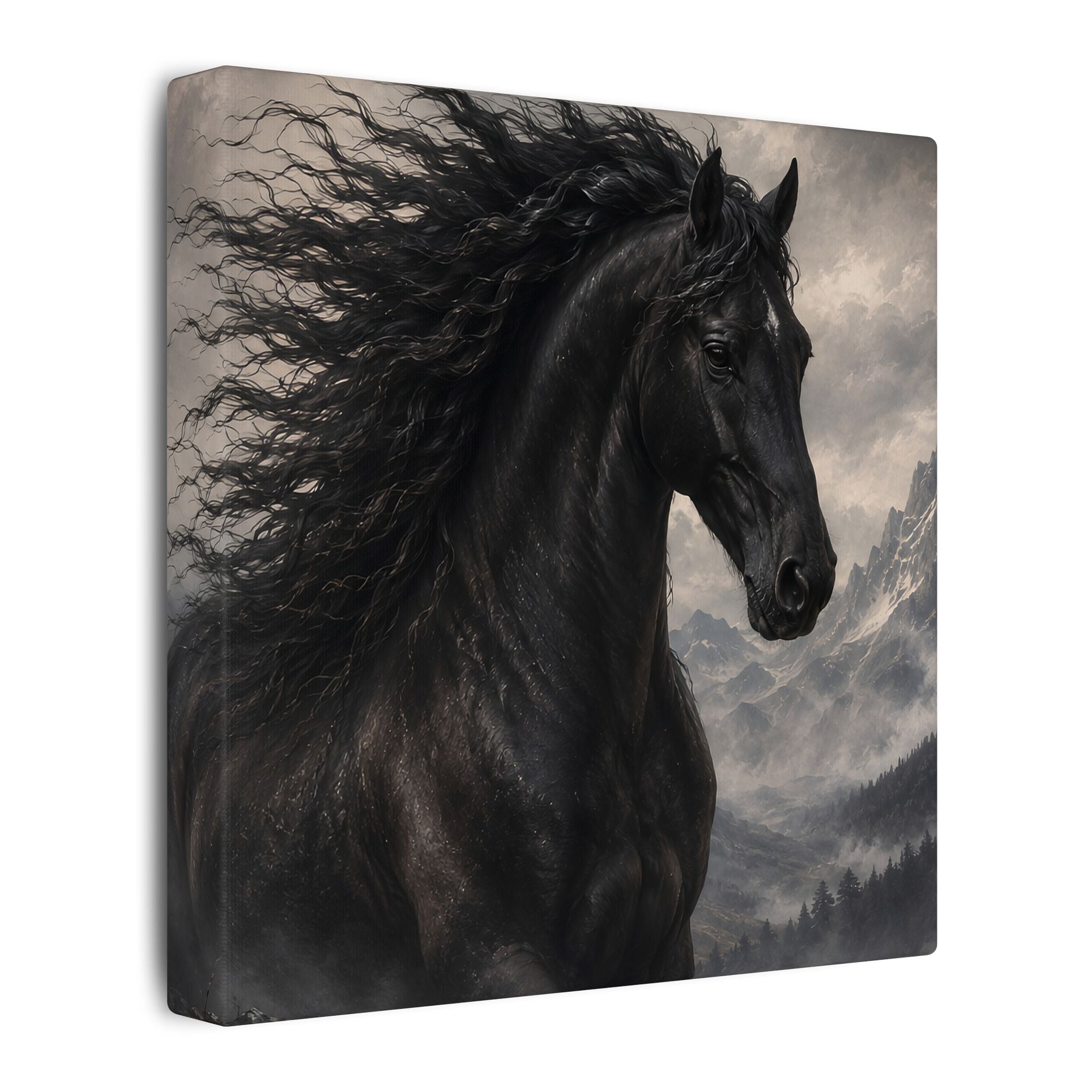 Majestic Black Horse Matte Canvas Wall Art — Dramatic Mountain Stallion Print