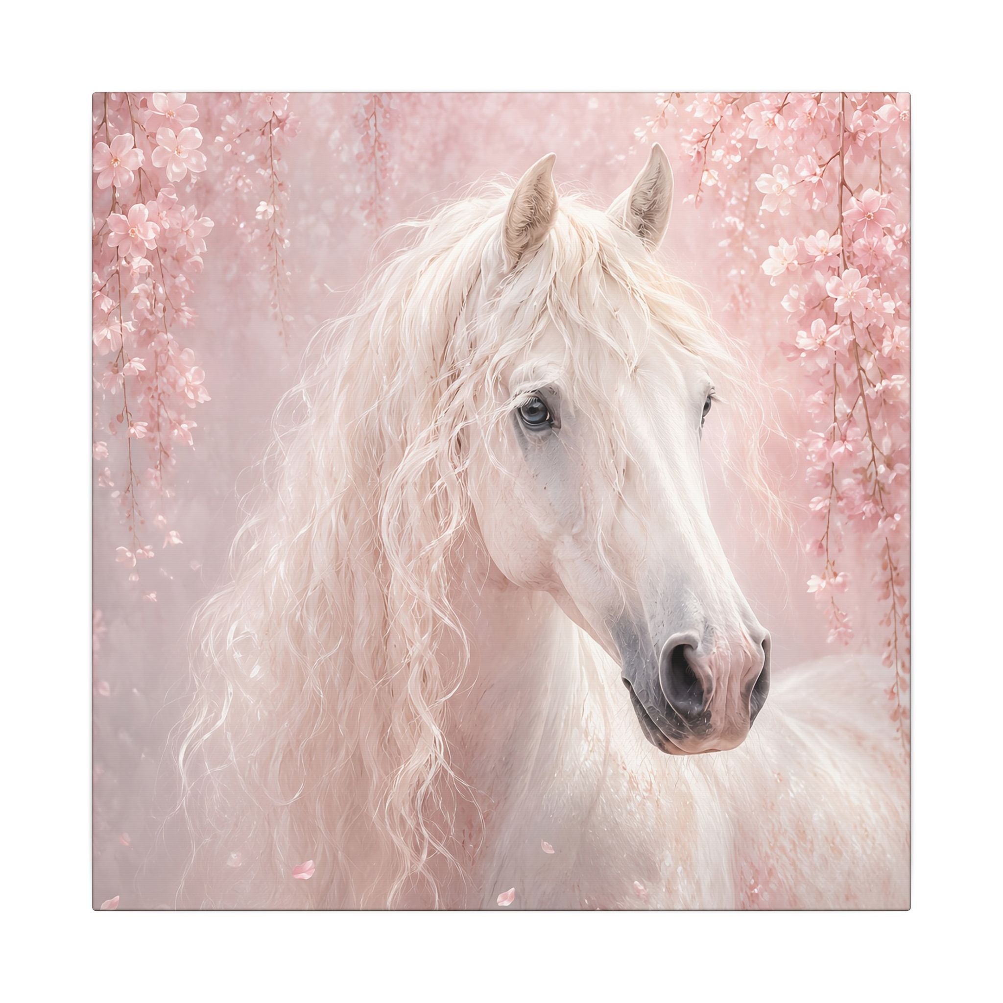 White Horse Canvas Wall Art — Romantic Pink Floral Unicorn-Style Print