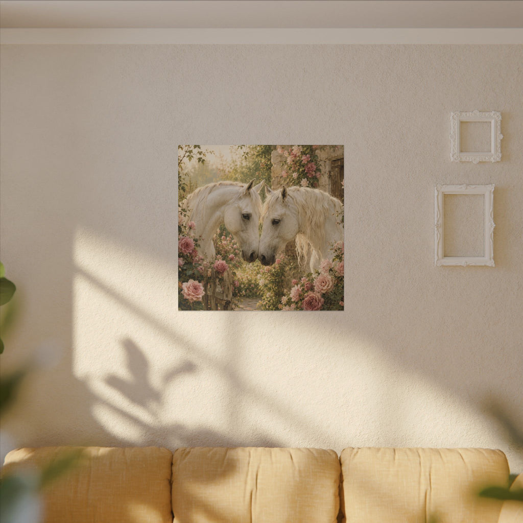 Romantic White Horses Canvas Wall Art — Floral Garden Horse Print
