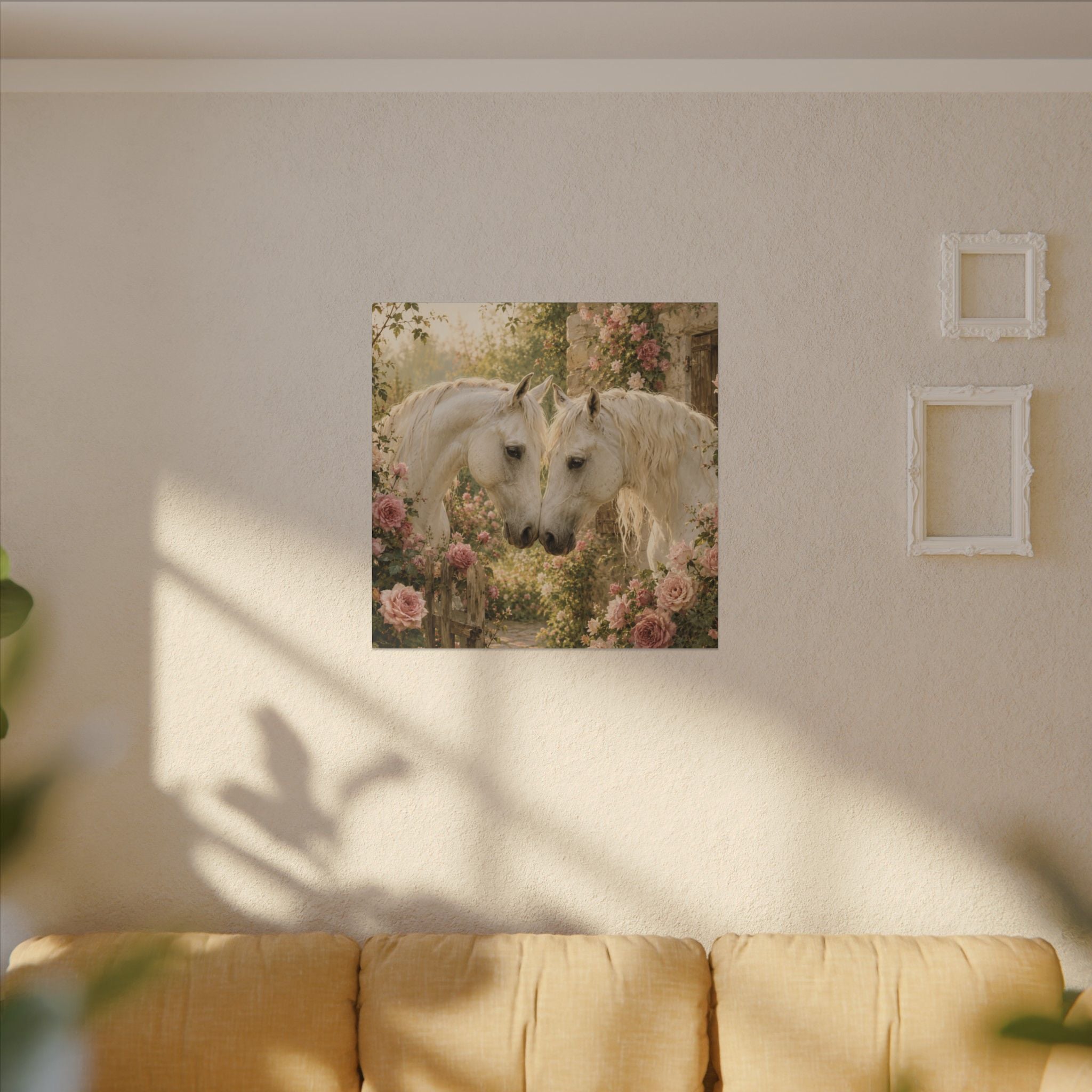 Romantic White Horses Canvas Wall Art — Floral Garden Horse Print