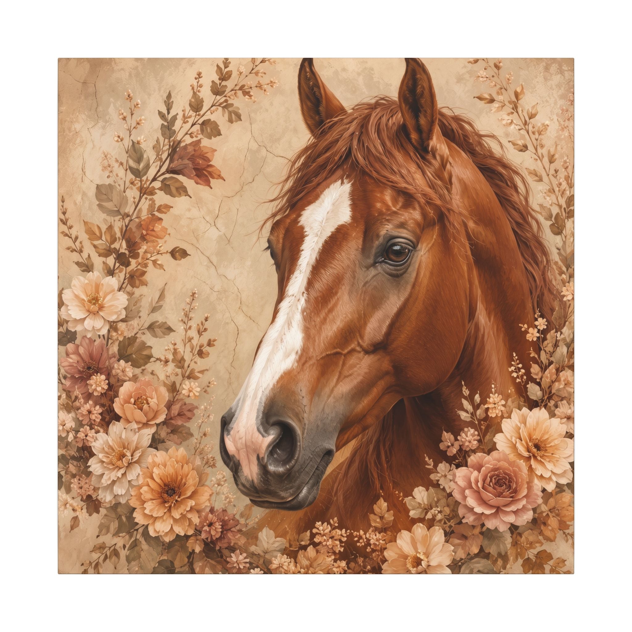 Chestnut Horse Portrait Canvas Wall Art — Floral Rustic Equestrian Decor