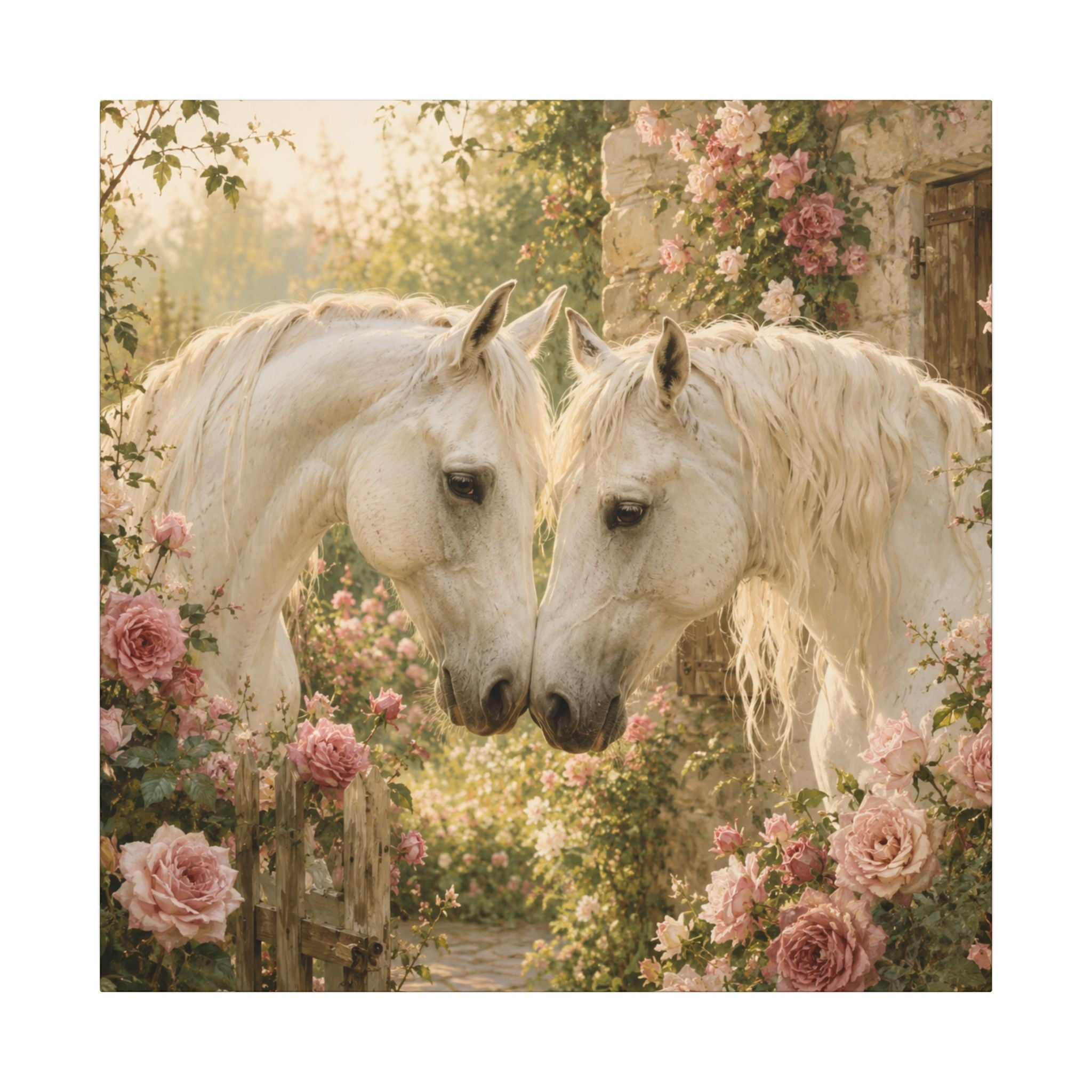 Romantic White Horses Canvas Wall Art — Floral Garden Horse Print