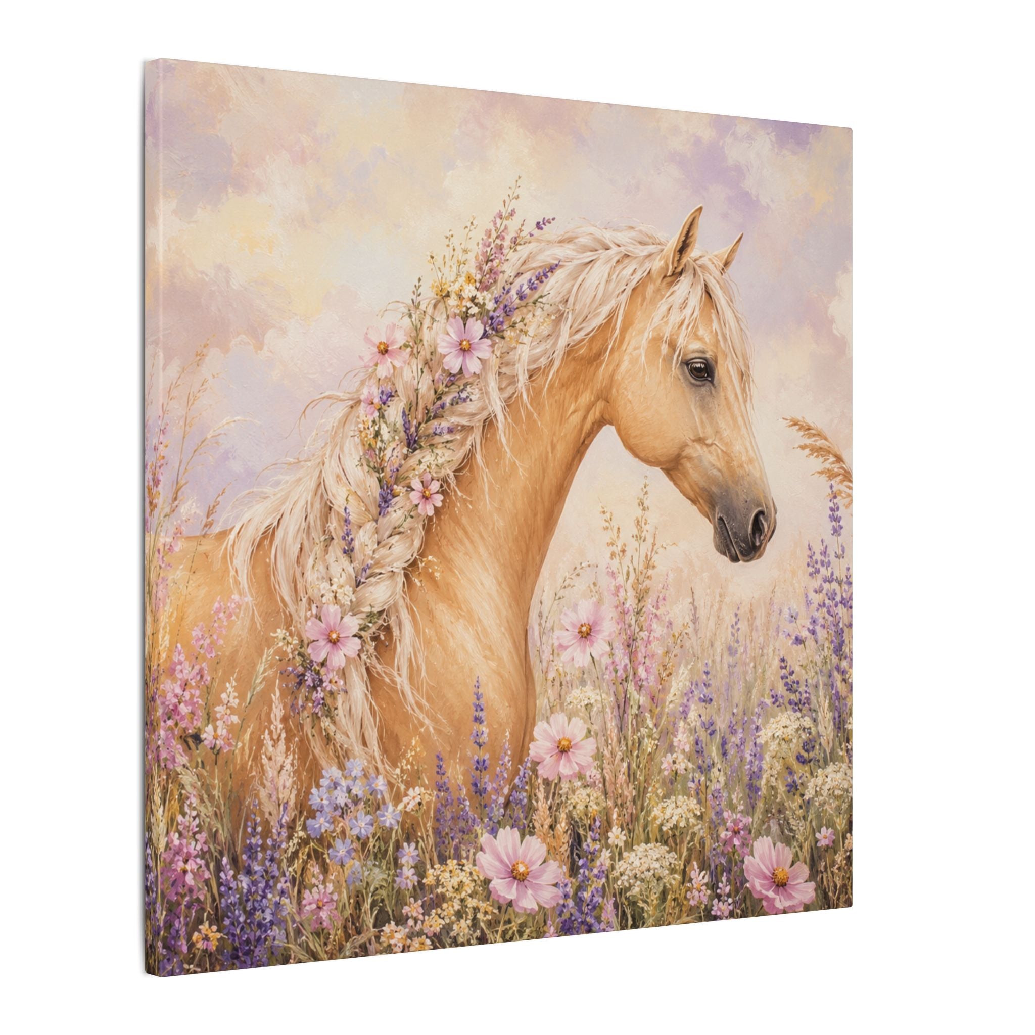 Palomino Horse Canvas Wall Art — Floral Meadow Matte Stretched Canvas