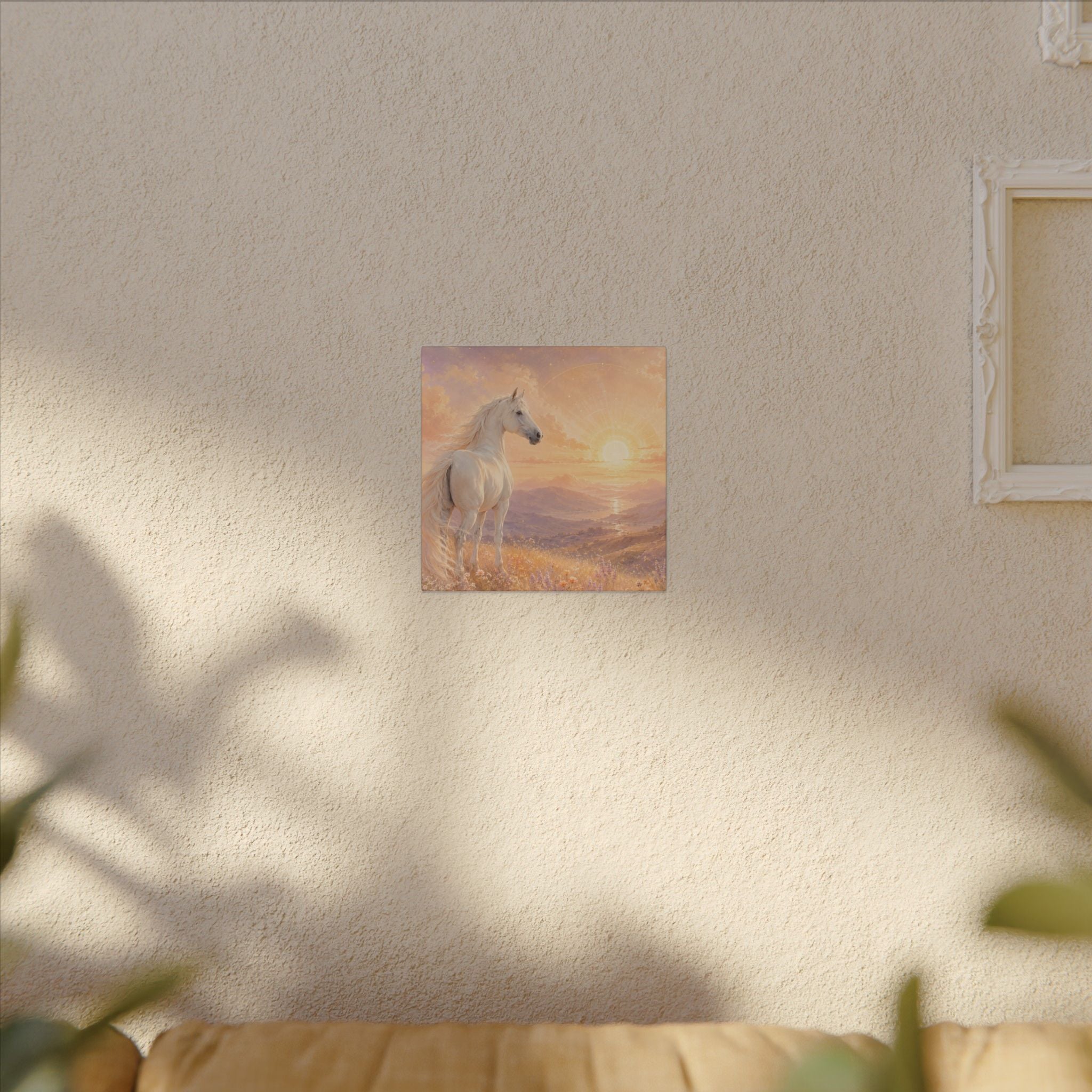 Equine Sunrise Matte Canvas Wall Art — White Horse Fantasy Landscape