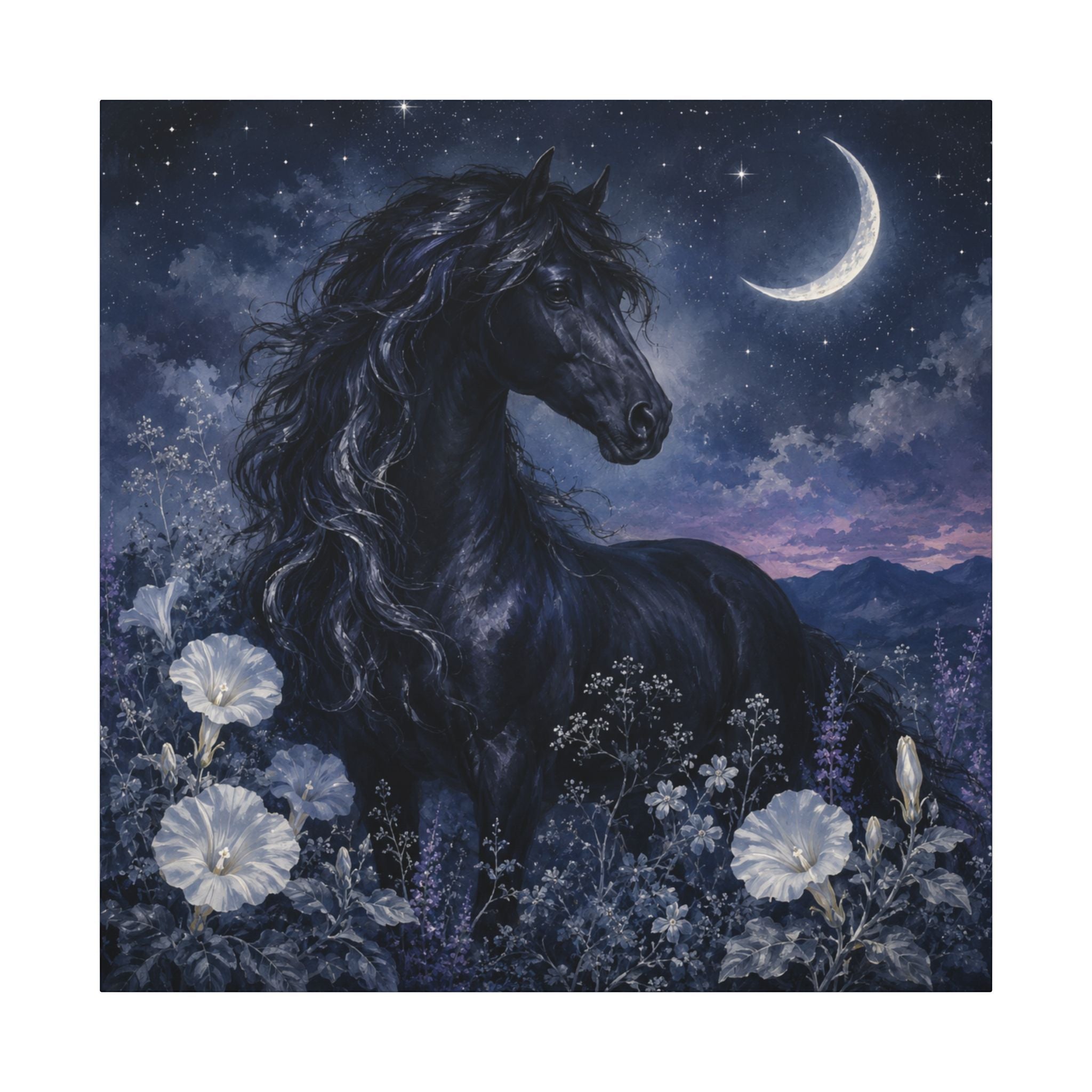 Midnight Stallion Canvas — Black Horse Moonlit Wall Art