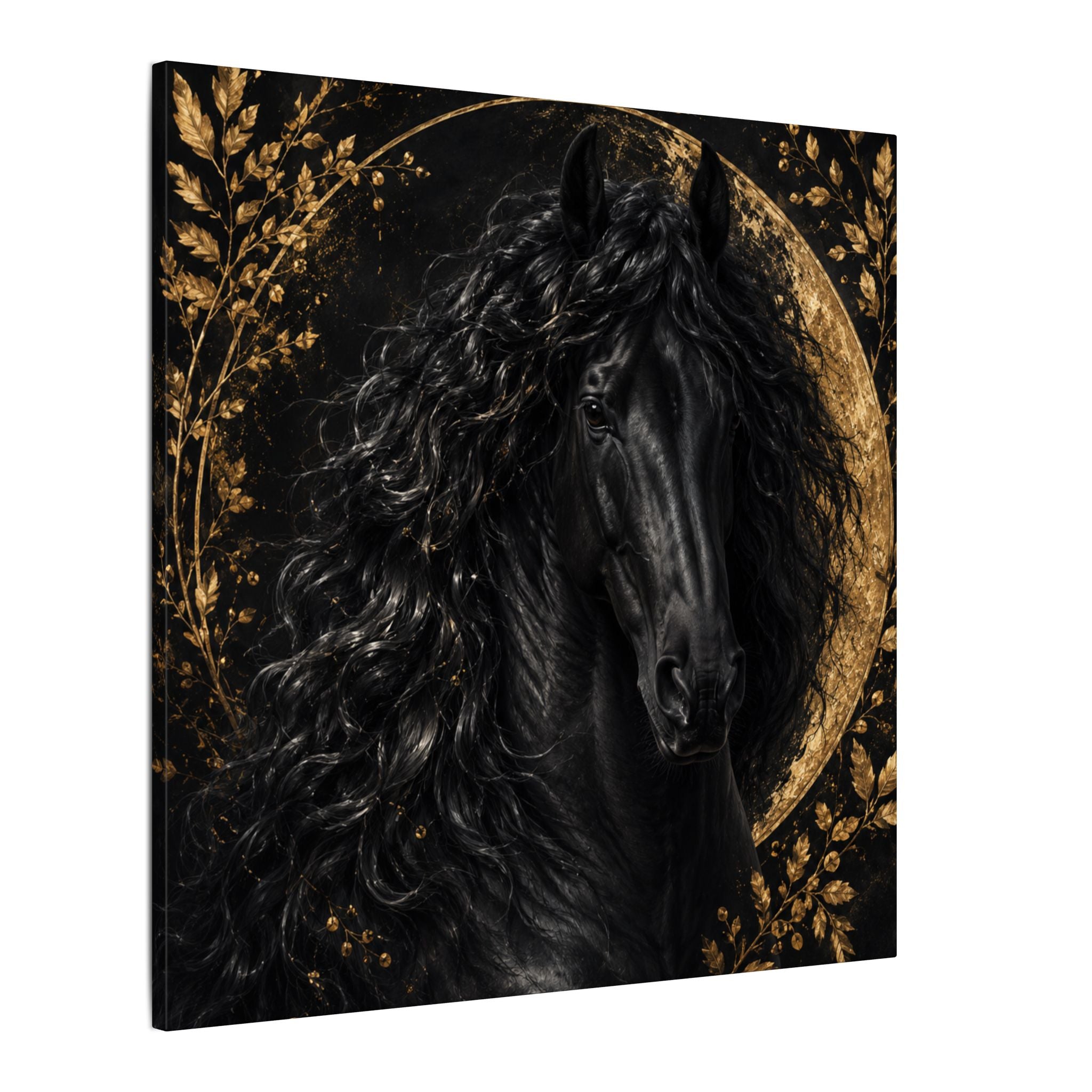 Black Stallion Canvas Print — Elegant Horse Wall Art with Gold Moon