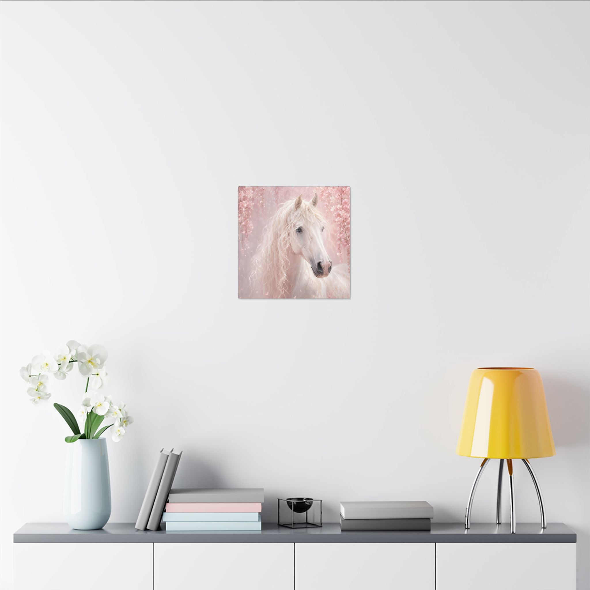 White Horse Canvas Wall Art — Romantic Pink Floral Unicorn-Style Print