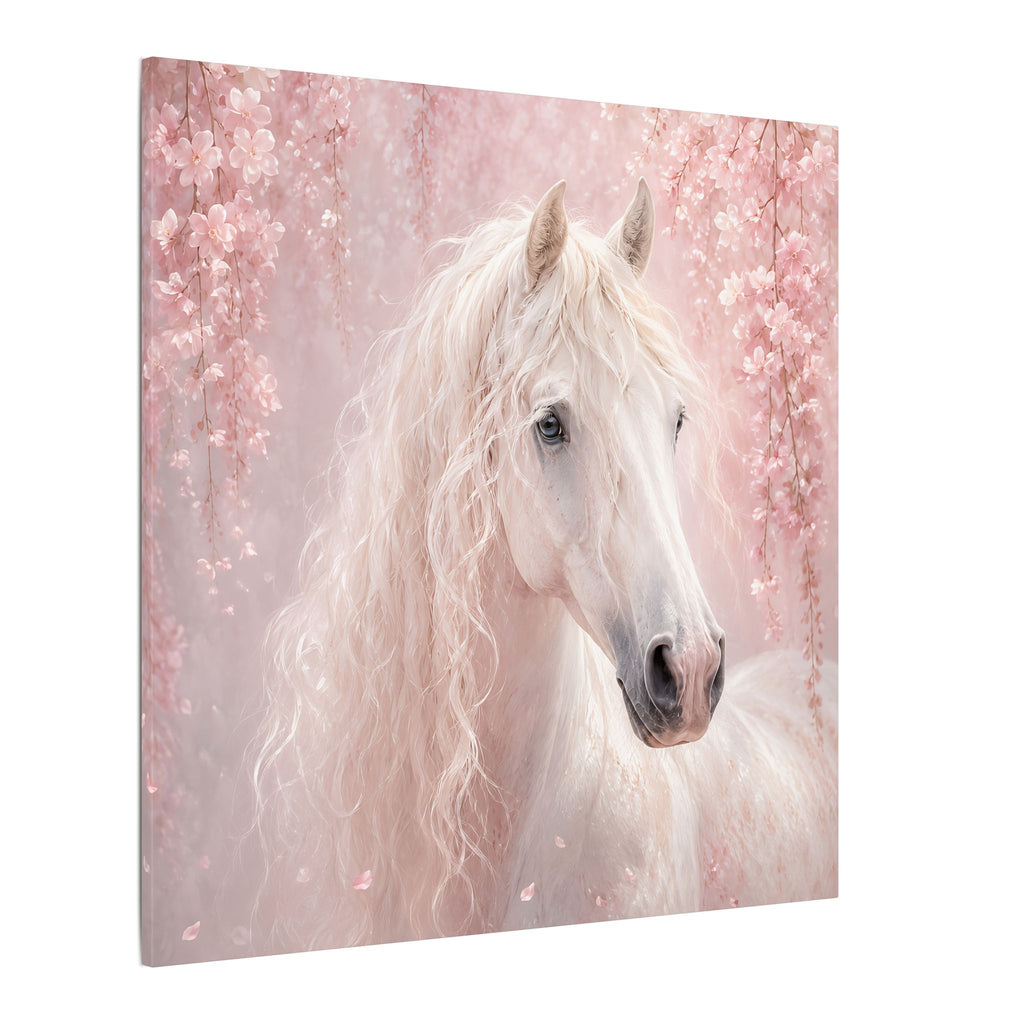 White Horse Canvas Wall Art — Romantic Pink Floral Unicorn-Style Print