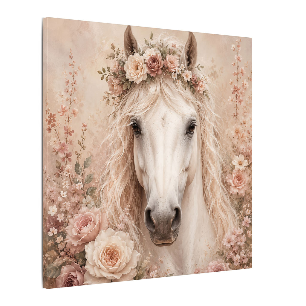 Floral White Horse Matte Canvas Wall Art