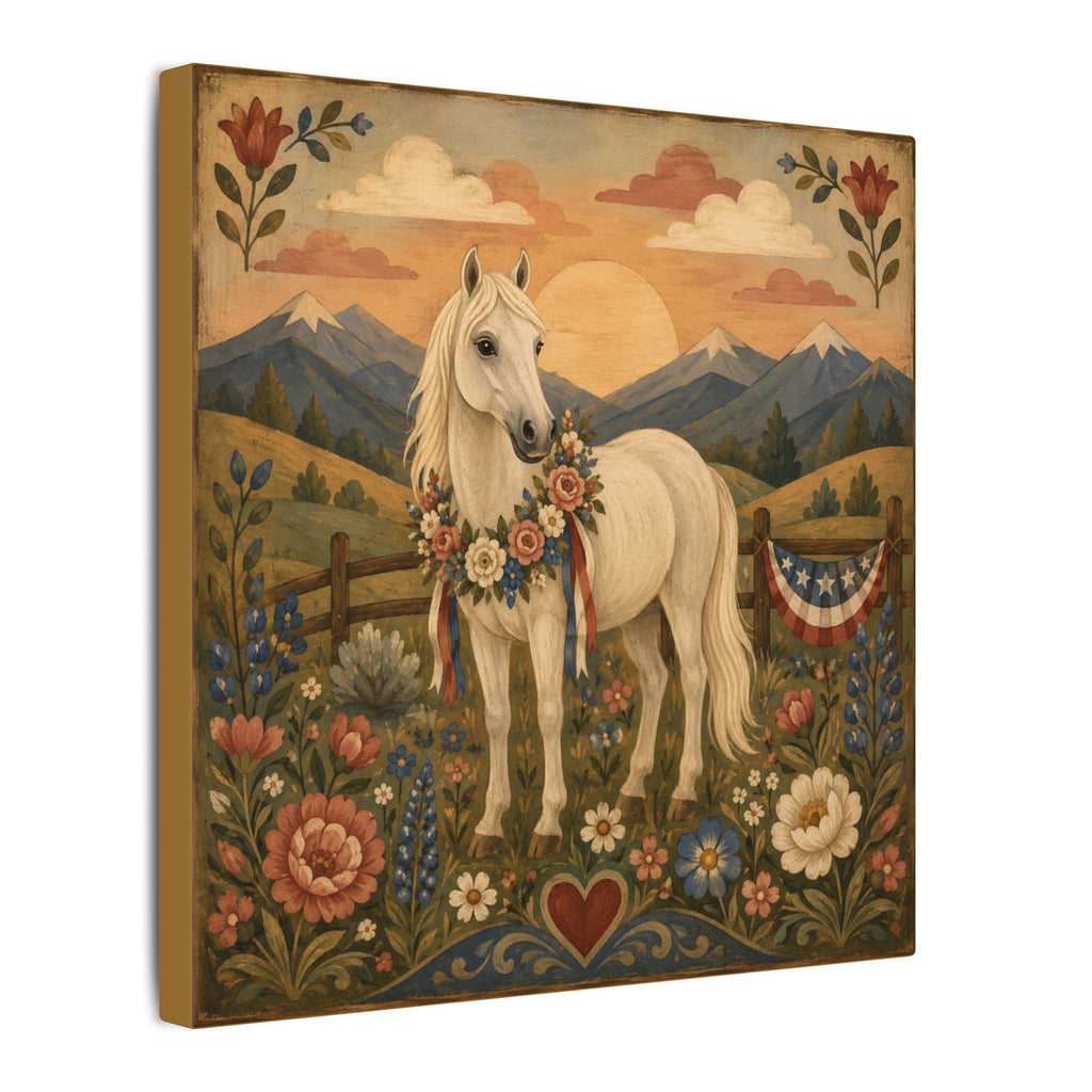 Patriotic White Horse Matte Canvas Wall Art