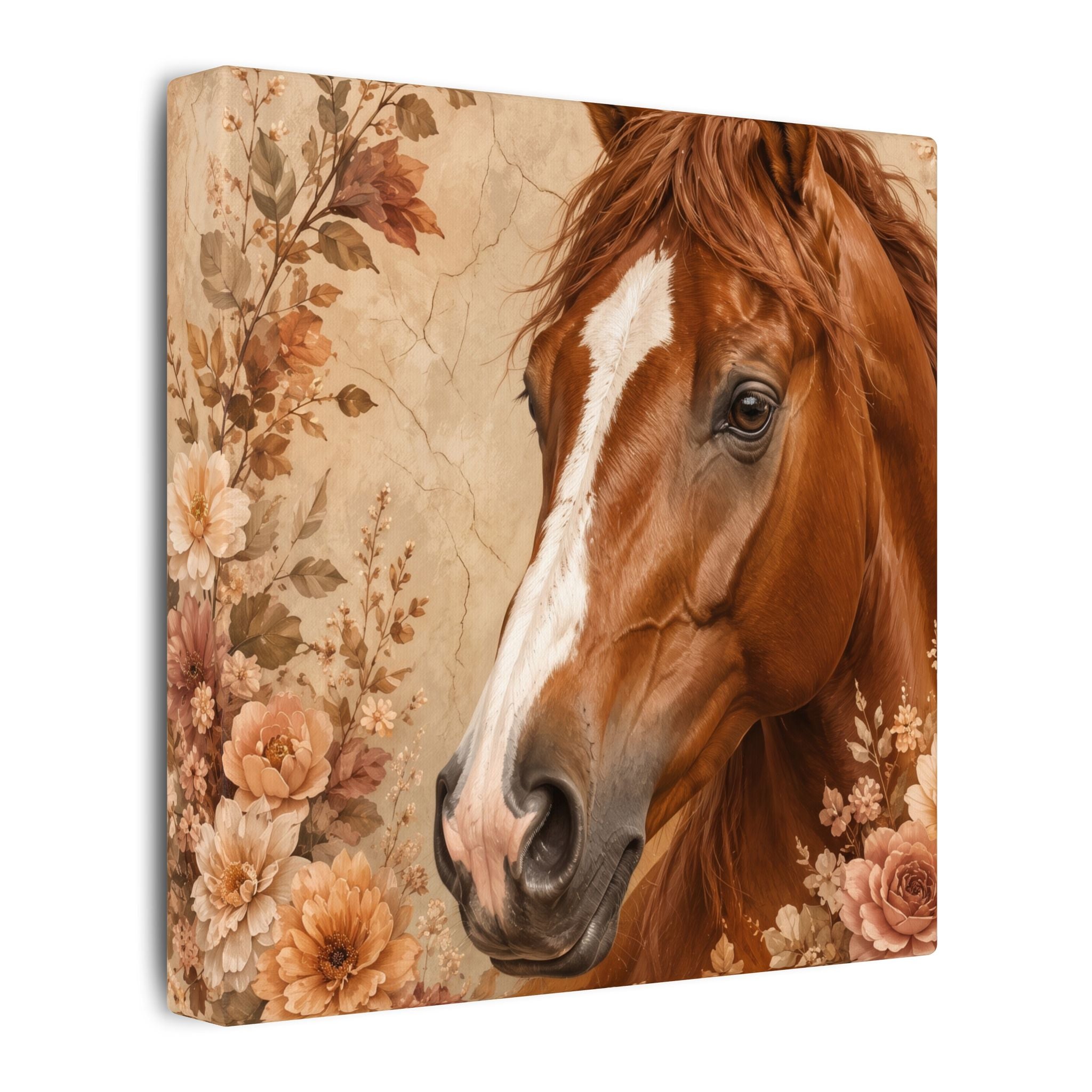 Chestnut Horse Portrait Canvas Wall Art — Floral Rustic Equestrian Decor