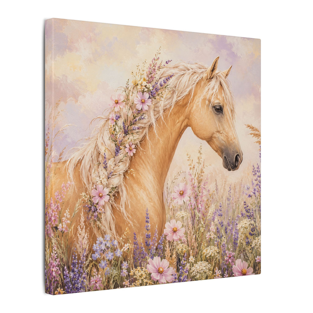 Palomino Horse Canvas Wall Art — Floral Meadow Matte Stretched Canvas