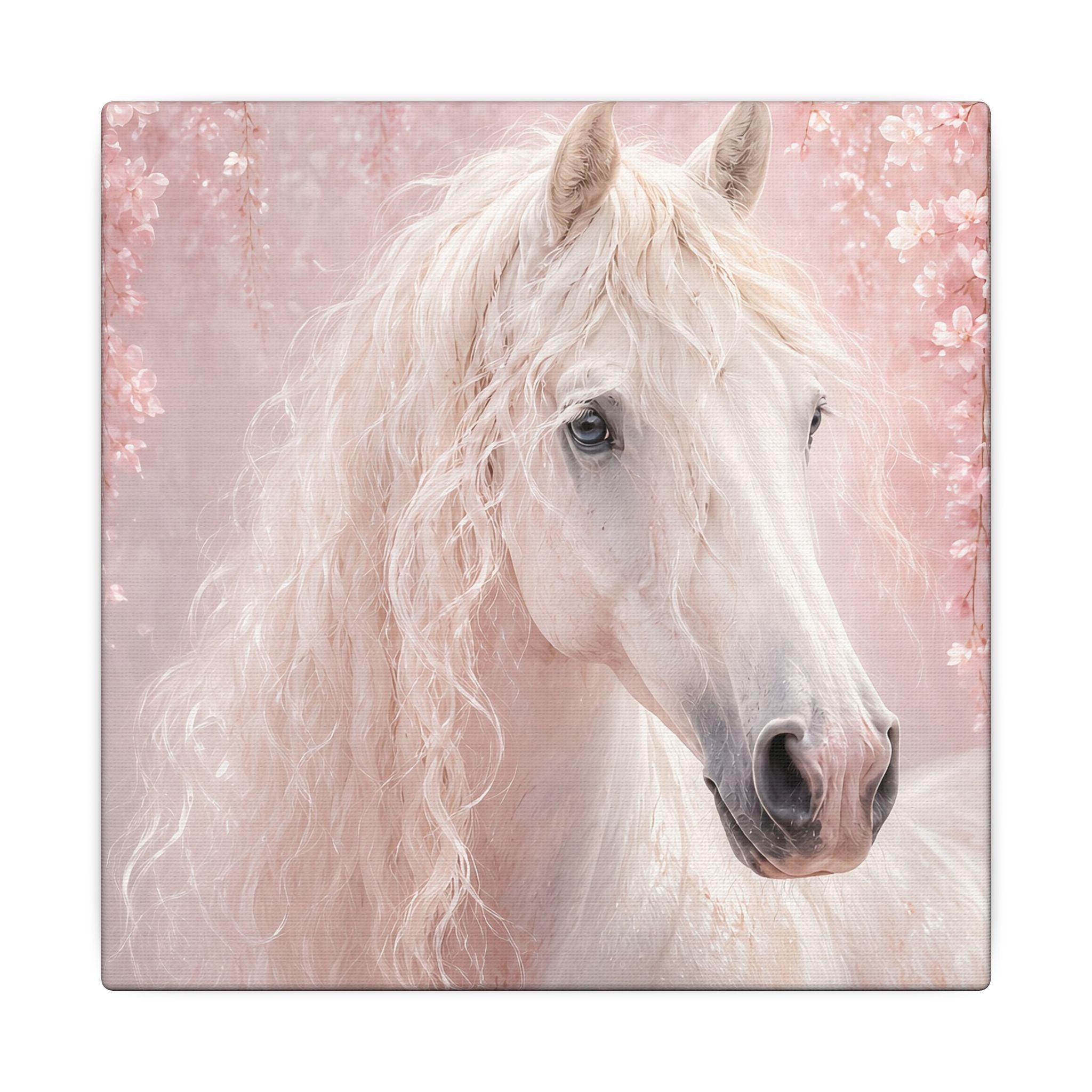 White Horse Canvas Wall Art — Romantic Pink Floral Unicorn-Style Print