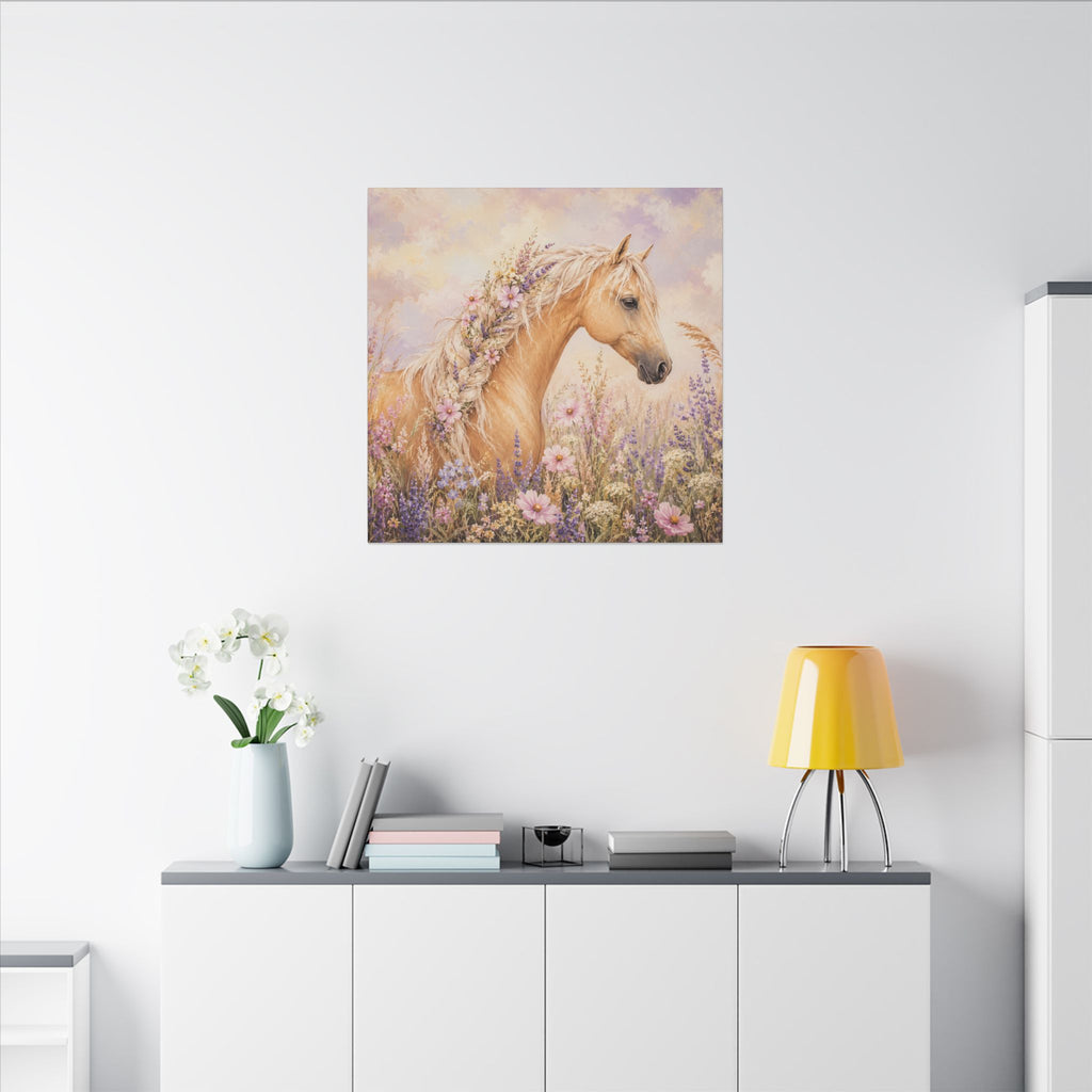 Palomino Horse Canvas Wall Art — Floral Meadow Matte Stretched Canvas
