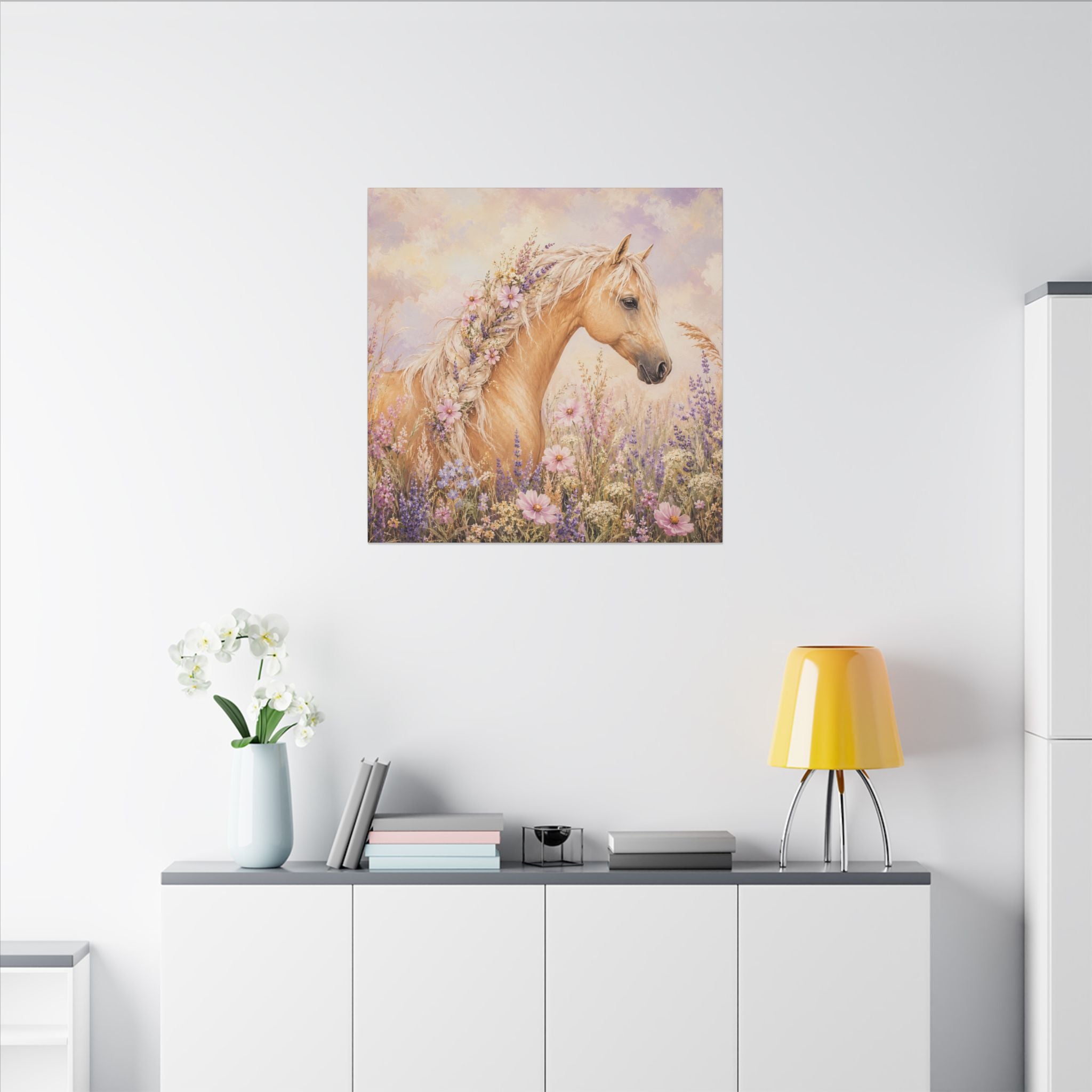 Palomino Horse Canvas Wall Art — Floral Meadow Matte Stretched Canvas