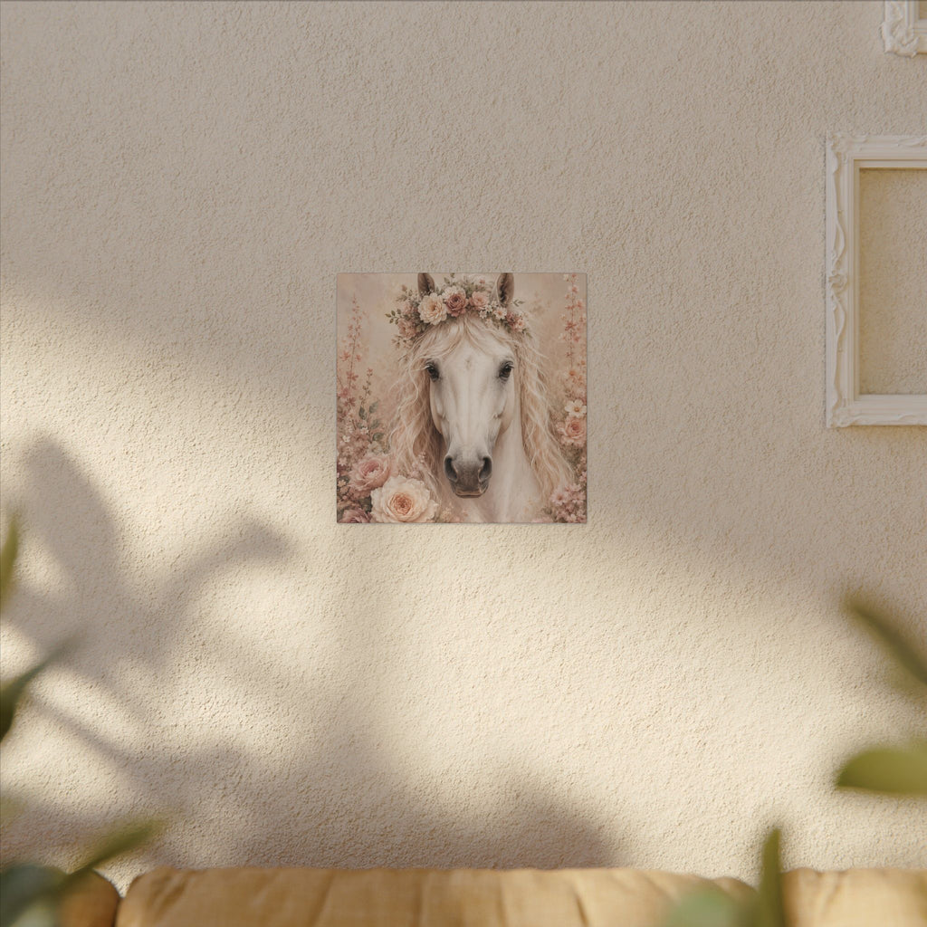 Floral White Horse Matte Canvas Wall Art