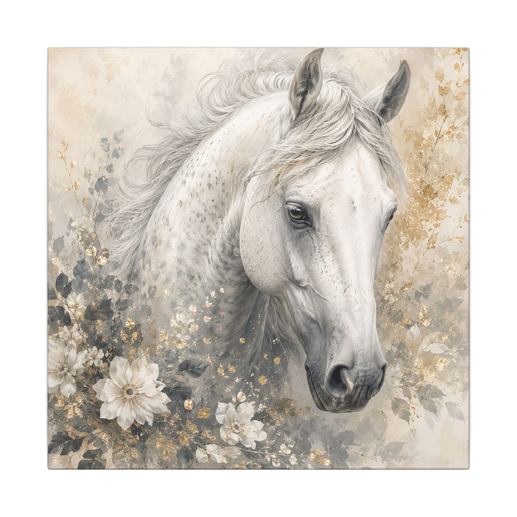 White Horse Floral Canvas Wall Art — Matte Stretched Horse Portrait
