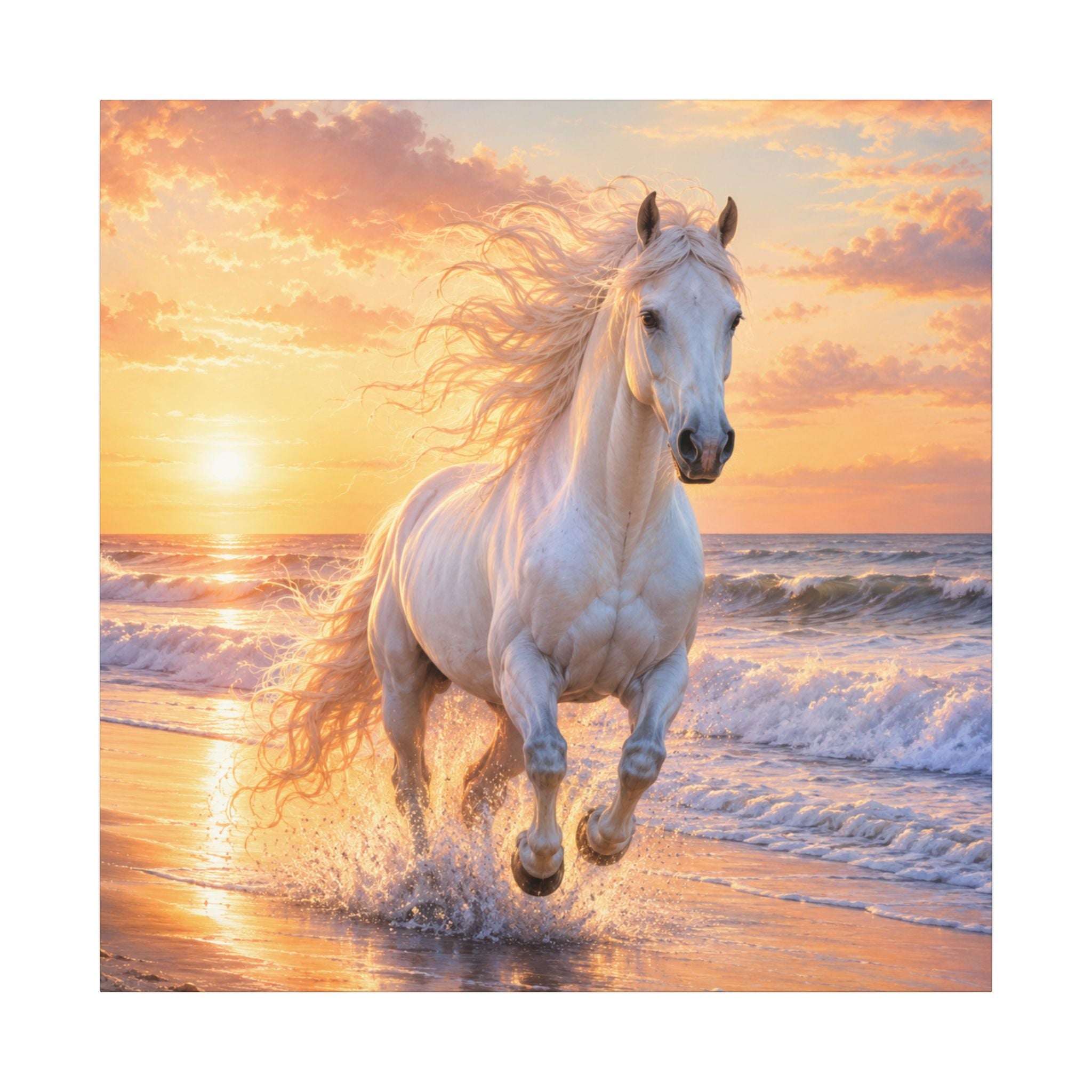 White Horse on Beach Canvas Print — Sunset Seaside Wall Art