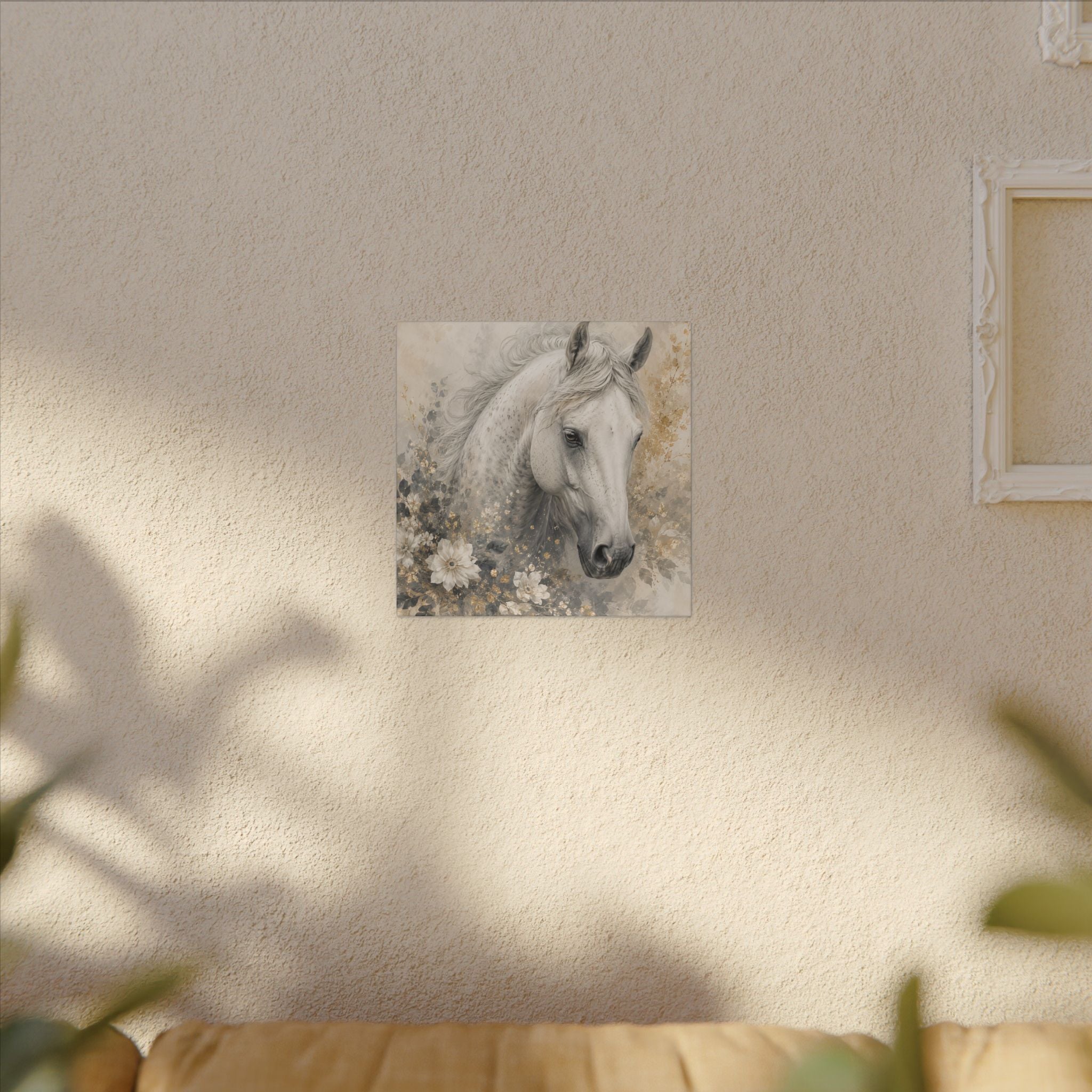 White Horse Floral Canvas Wall Art — Matte Stretched Horse Portrait