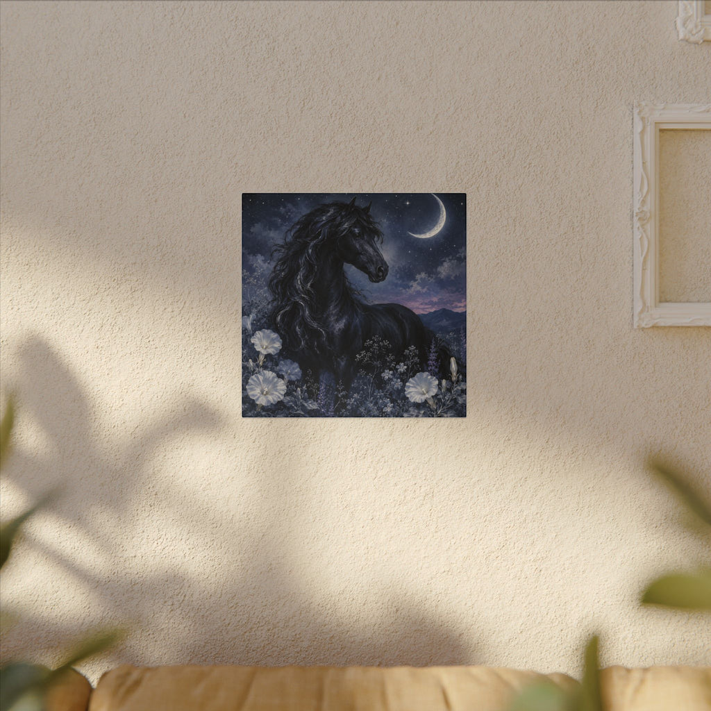 Midnight Stallion Canvas — Black Horse Moonlit Wall Art