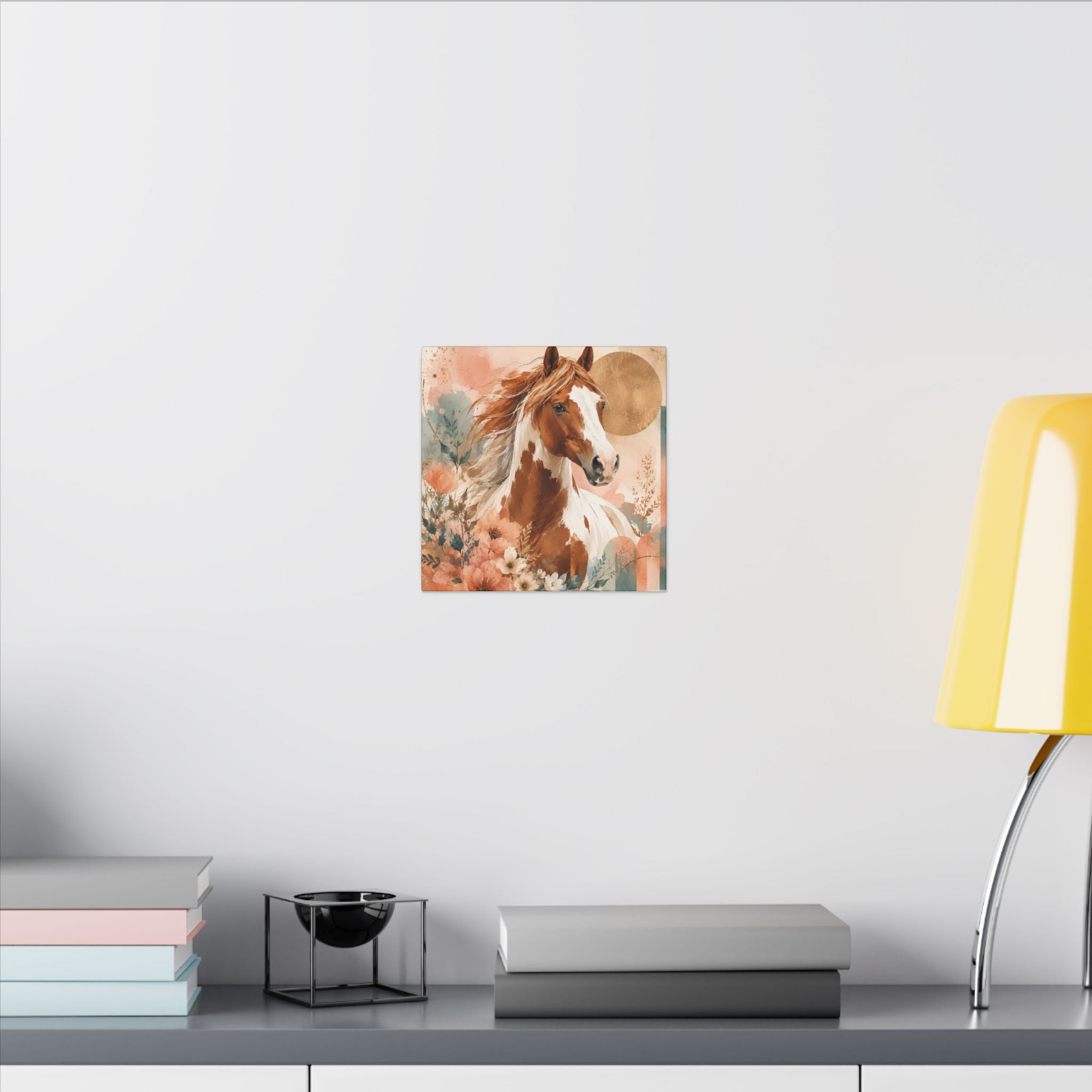 Painted Pinto Horse Canvas Wall Art — Boho Floral Equestrian Decor