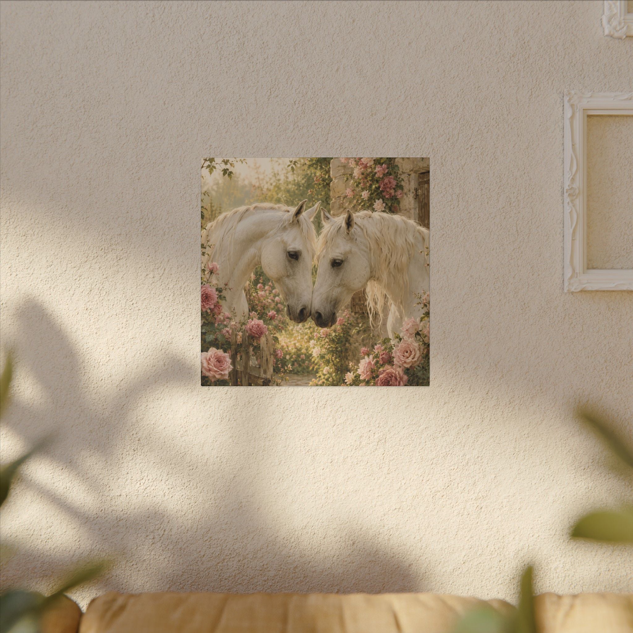 Romantic White Horses Canvas Wall Art — Floral Garden Horse Print