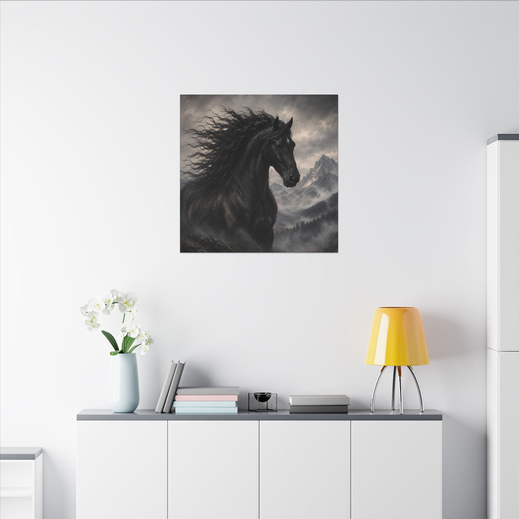Majestic Black Horse Matte Canvas Wall Art — Dramatic Mountain Stallion Print