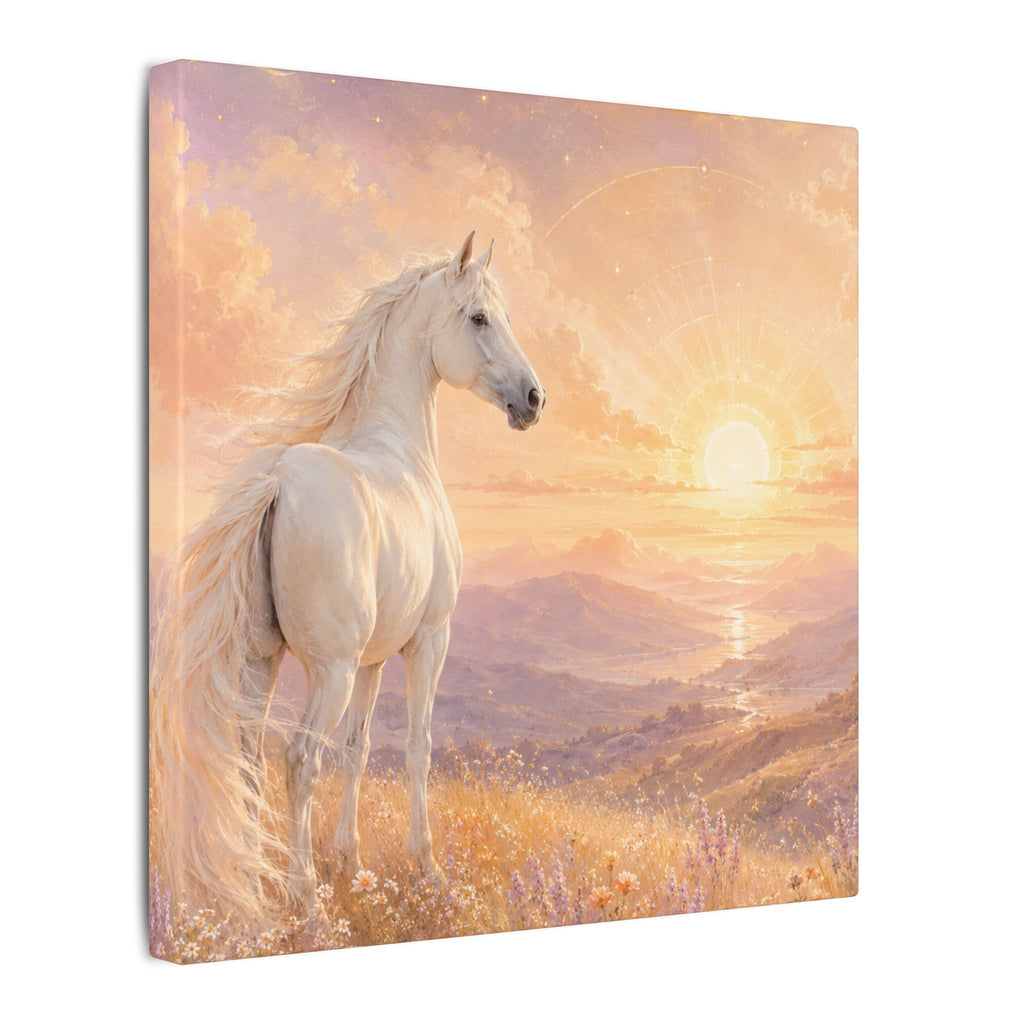 Equine Sunrise Matte Canvas Wall Art — White Horse Fantasy Landscape