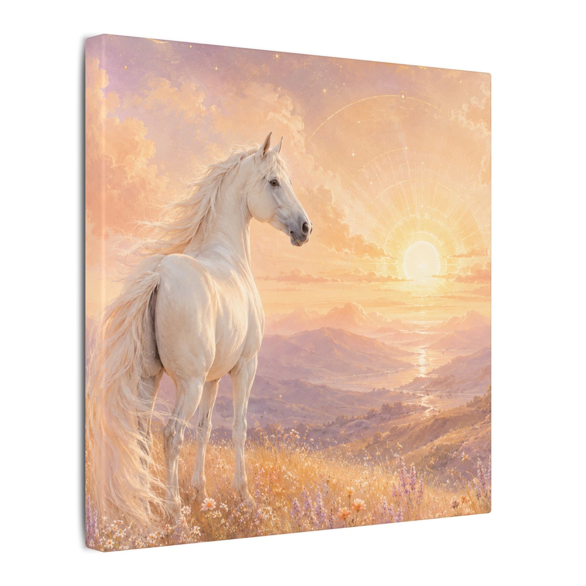 Equine Sunrise Matte Canvas Wall Art — White Horse Fantasy Landscape
