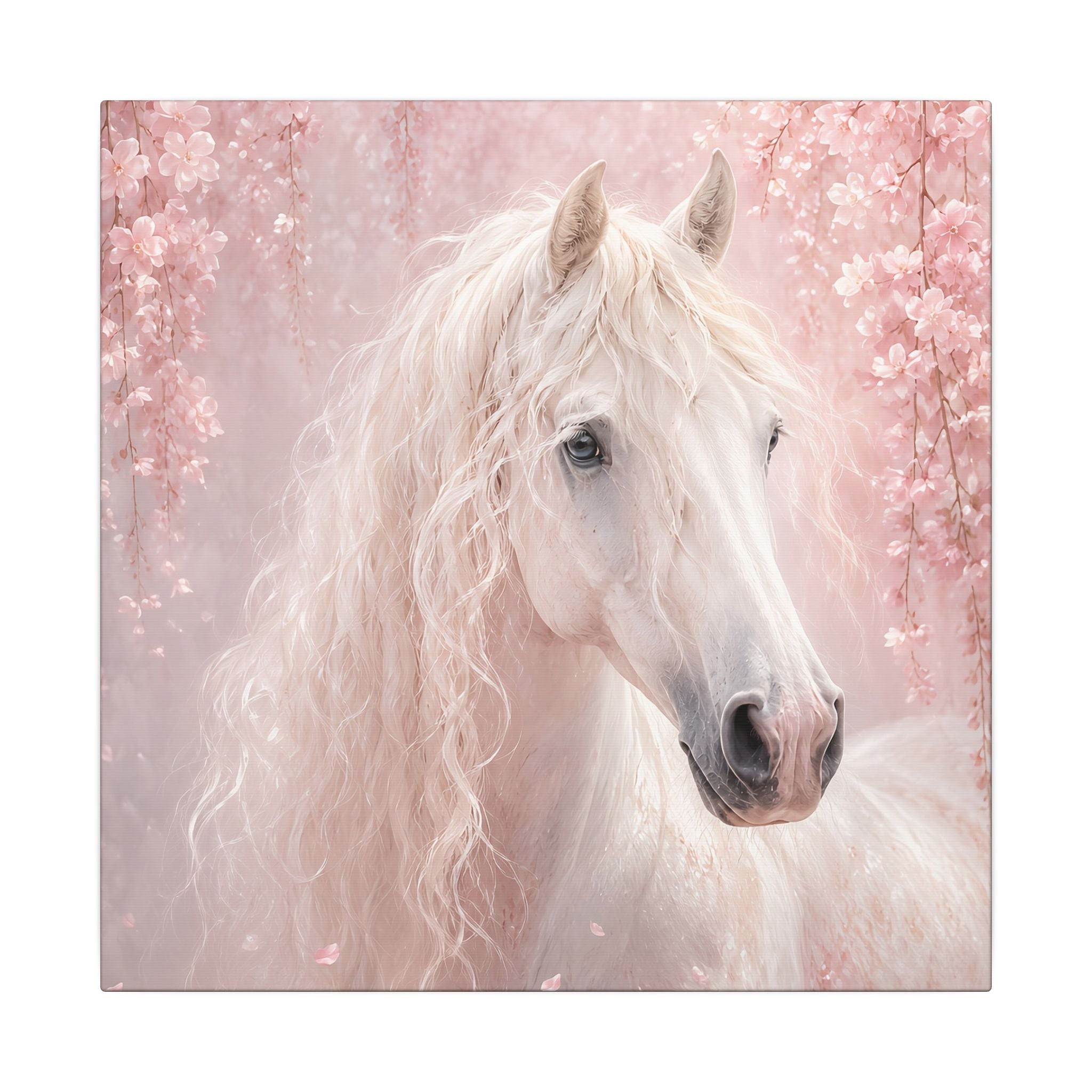 White Horse Canvas Wall Art — Romantic Pink Floral Unicorn-Style Print