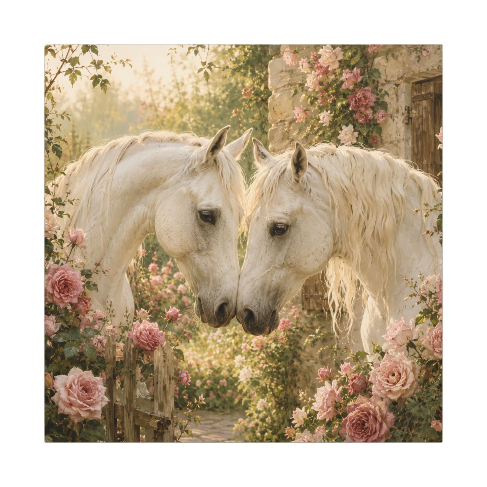 Romantic White Horses Canvas Wall Art — Floral Garden Horse Print